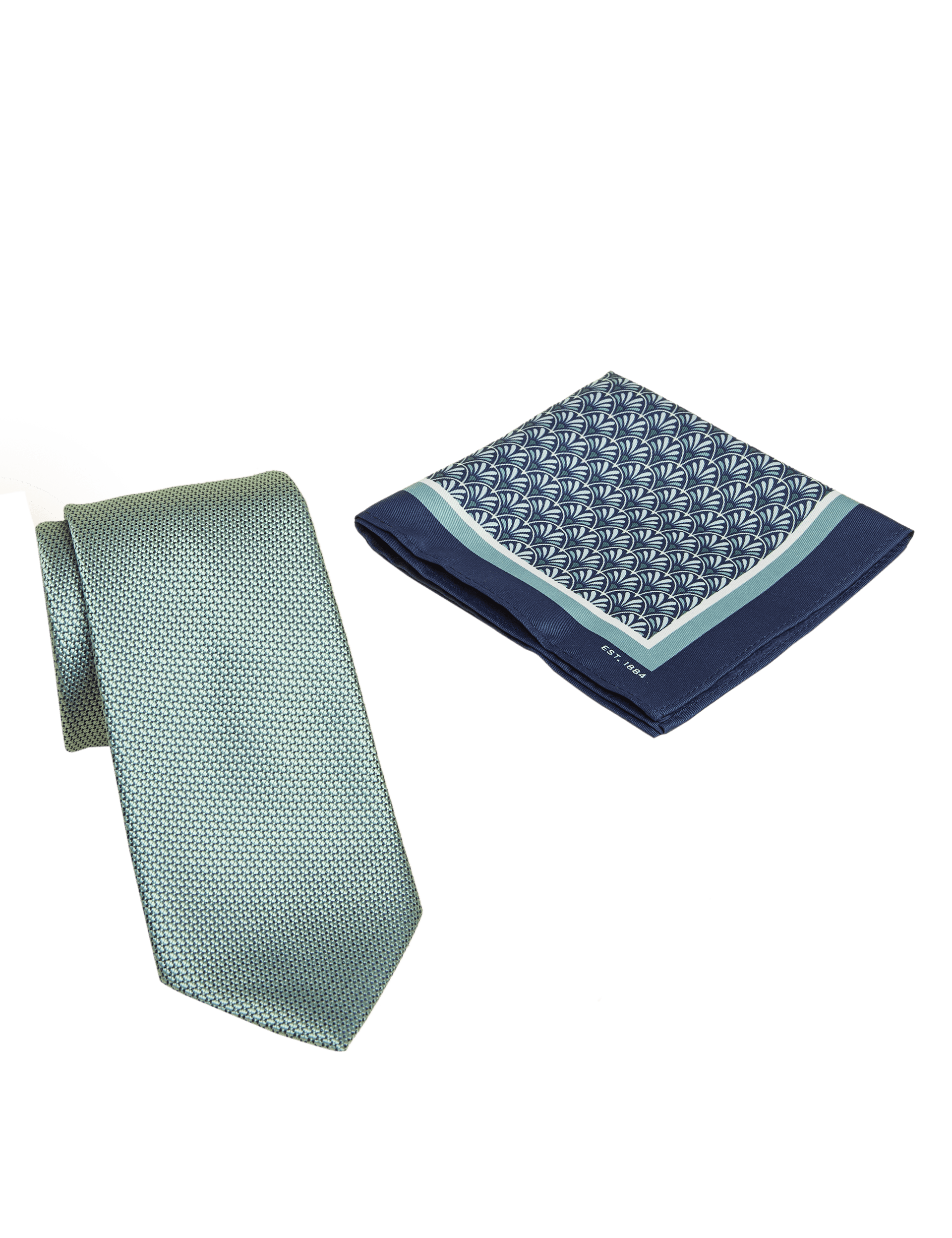 M&S Collection Men's Slim Geometric Tie & Pocket Square Set - Mint, Mint