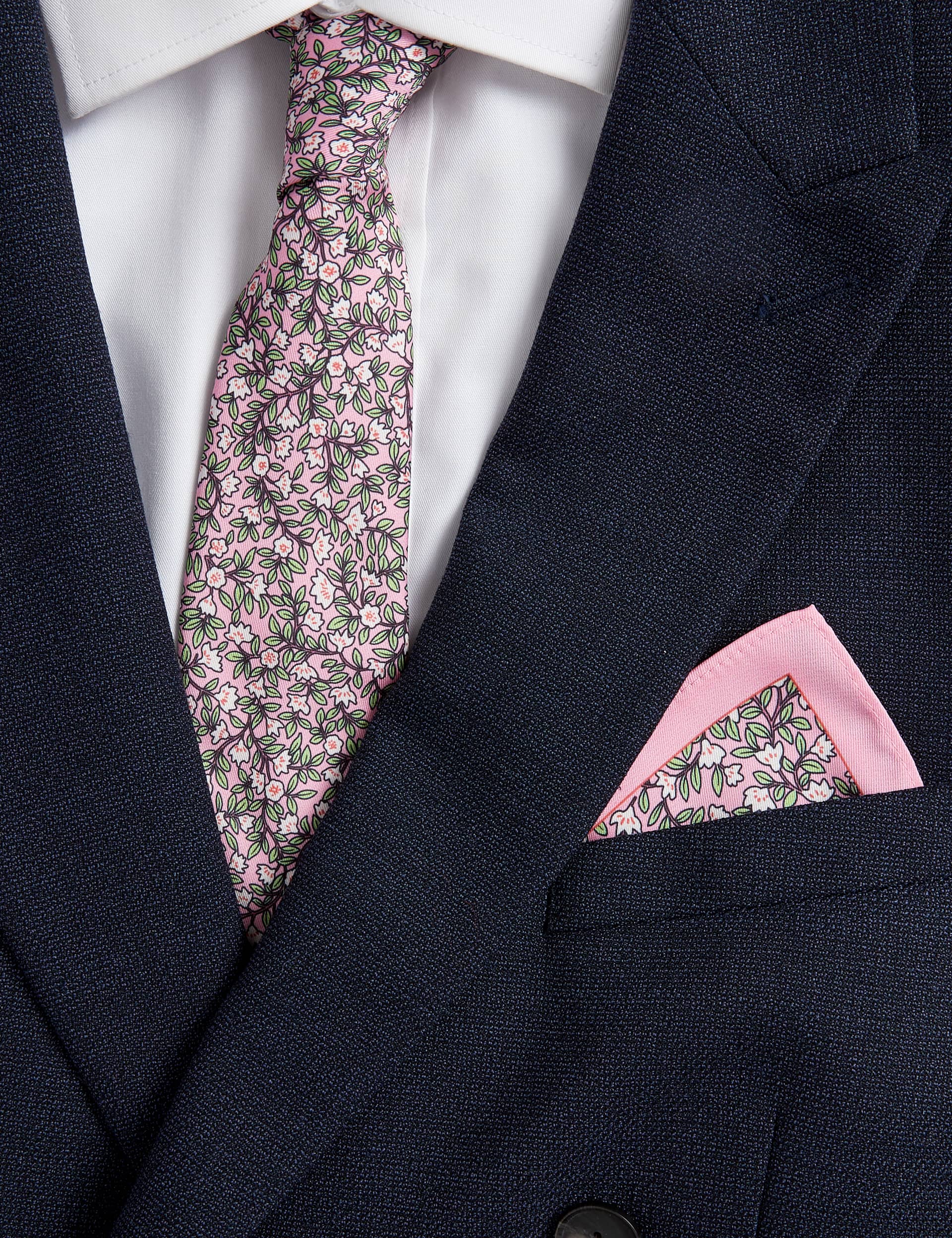 M&S Men's Slim Printed Floral Tie & Pocket Square Set - one size - Pink Mix, Pink Mix