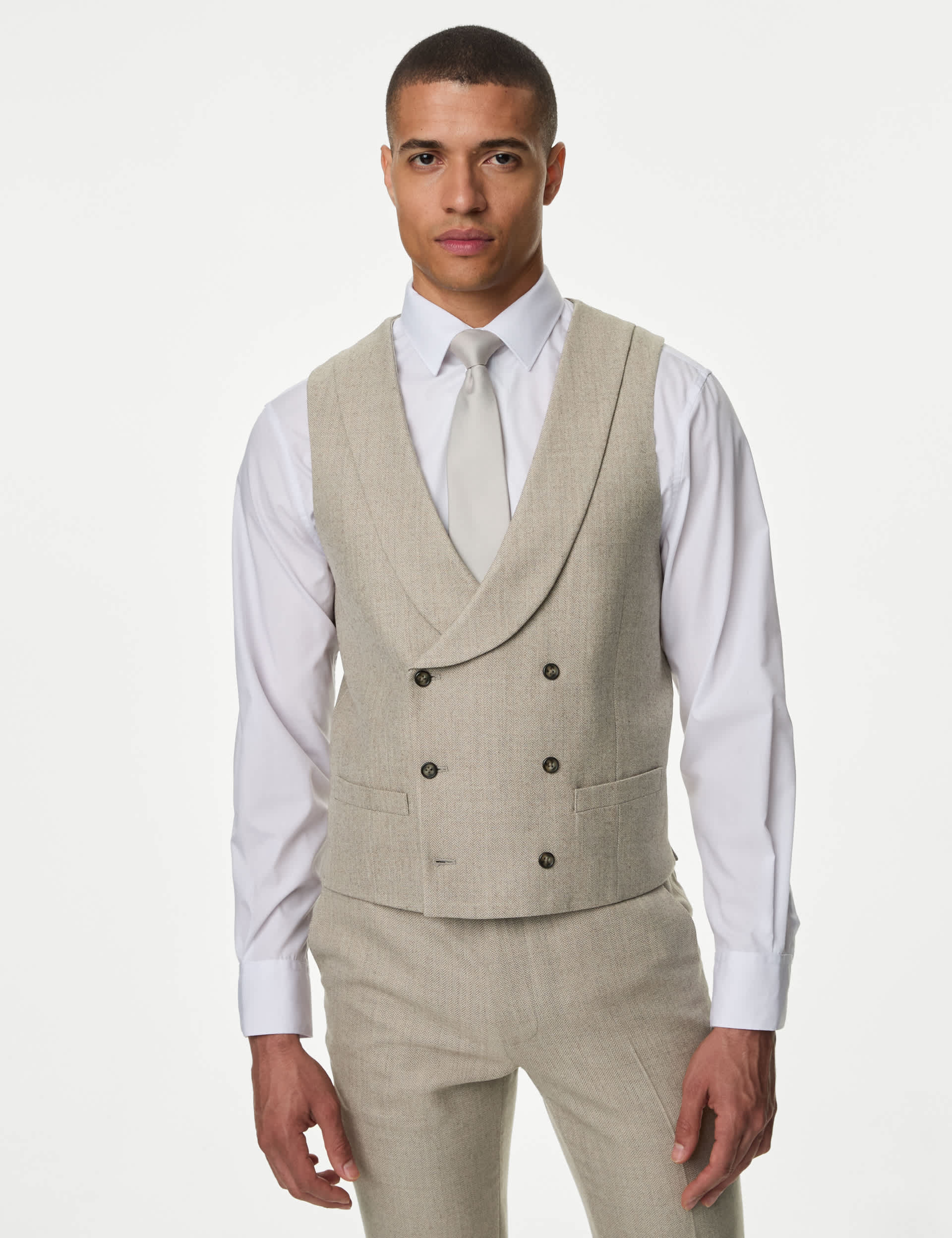 M&S Men's Slim Fit Wool Blend Herringbone Waistcoat - 42REG - Neutral, Navy,Neutral