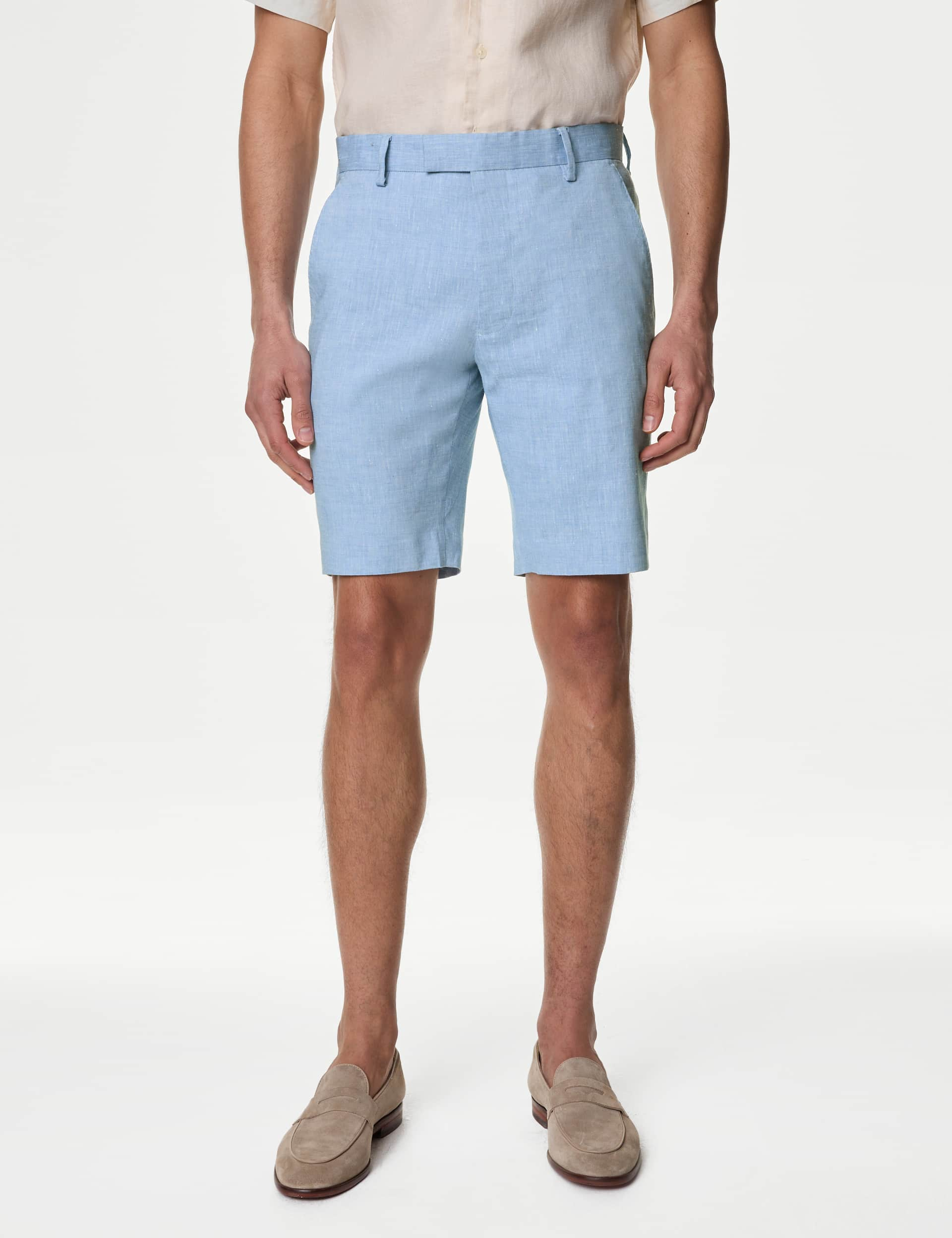 M&S Men's Linen Rich Flat Front Shorts - 36REG - Light Blue, Neutral,Light Blue