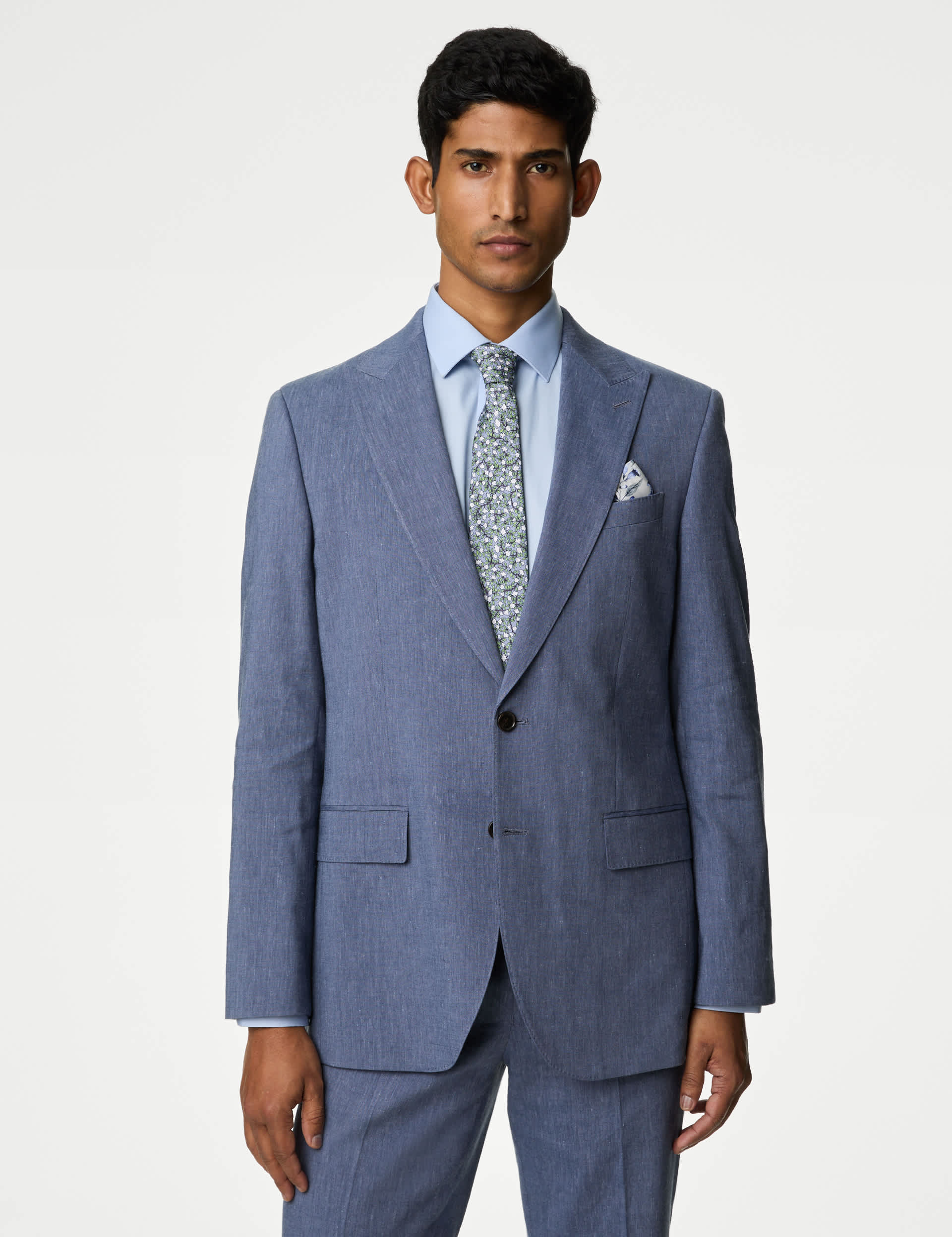 M&S Collection Men's Tailored Fit Linen Rich Suit Jacket - 38LNG - Chambray, Chambray,Light Grey