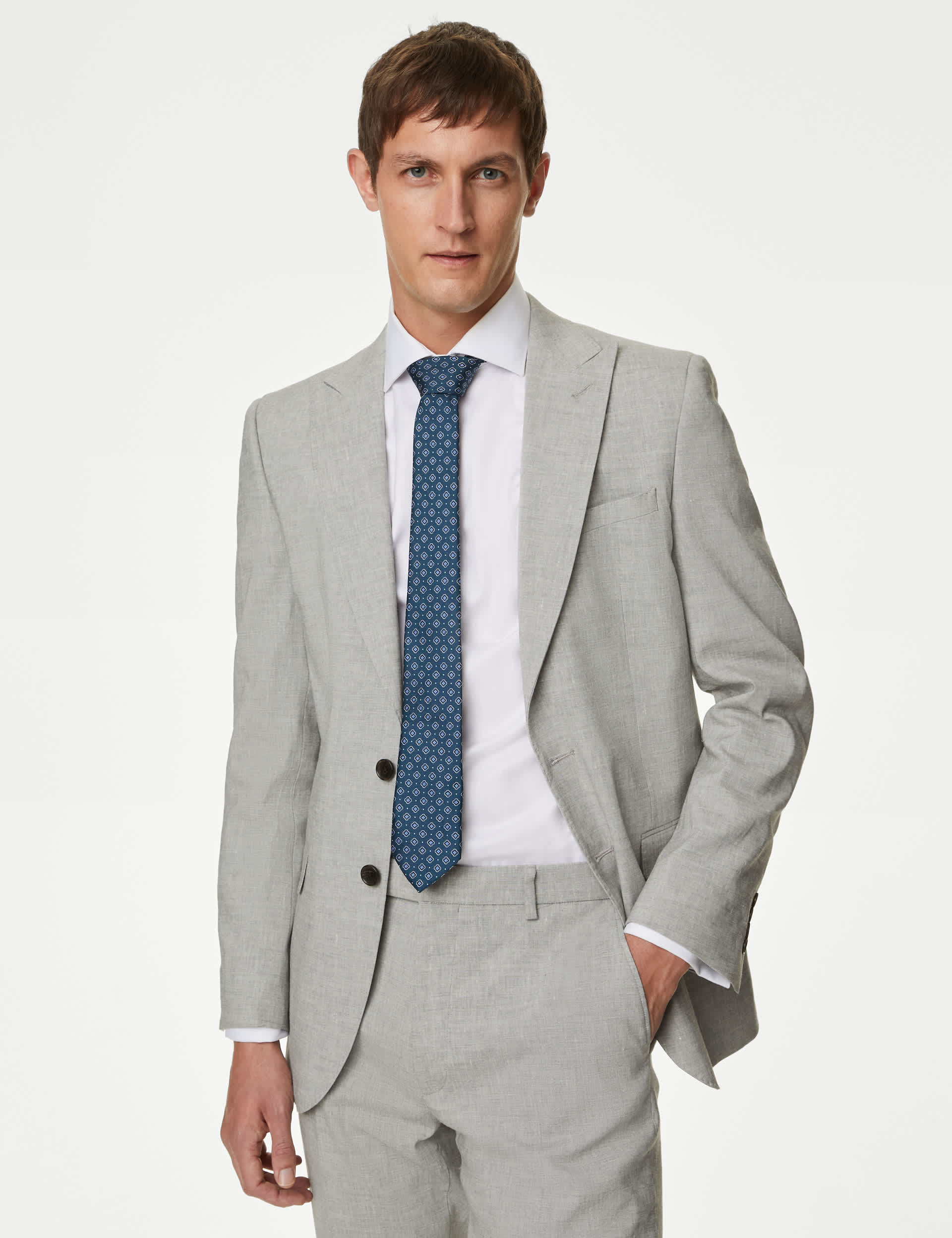 M&S Men's Tailored Fit Linen Rich Suit Jacket - 42REG - Light Grey, Chambray,Light Grey