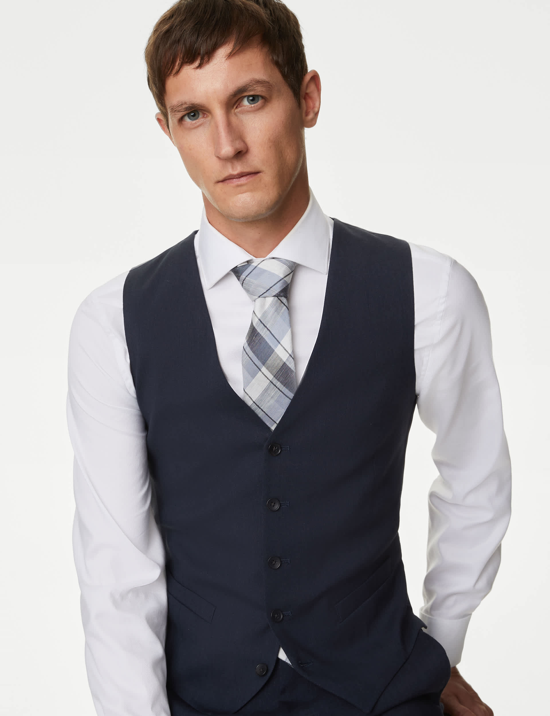 M&S Men's Italian Linen Miracle Waistcoat - 40REG - Navy, Neutral,Chambray,Navy,Light Grey