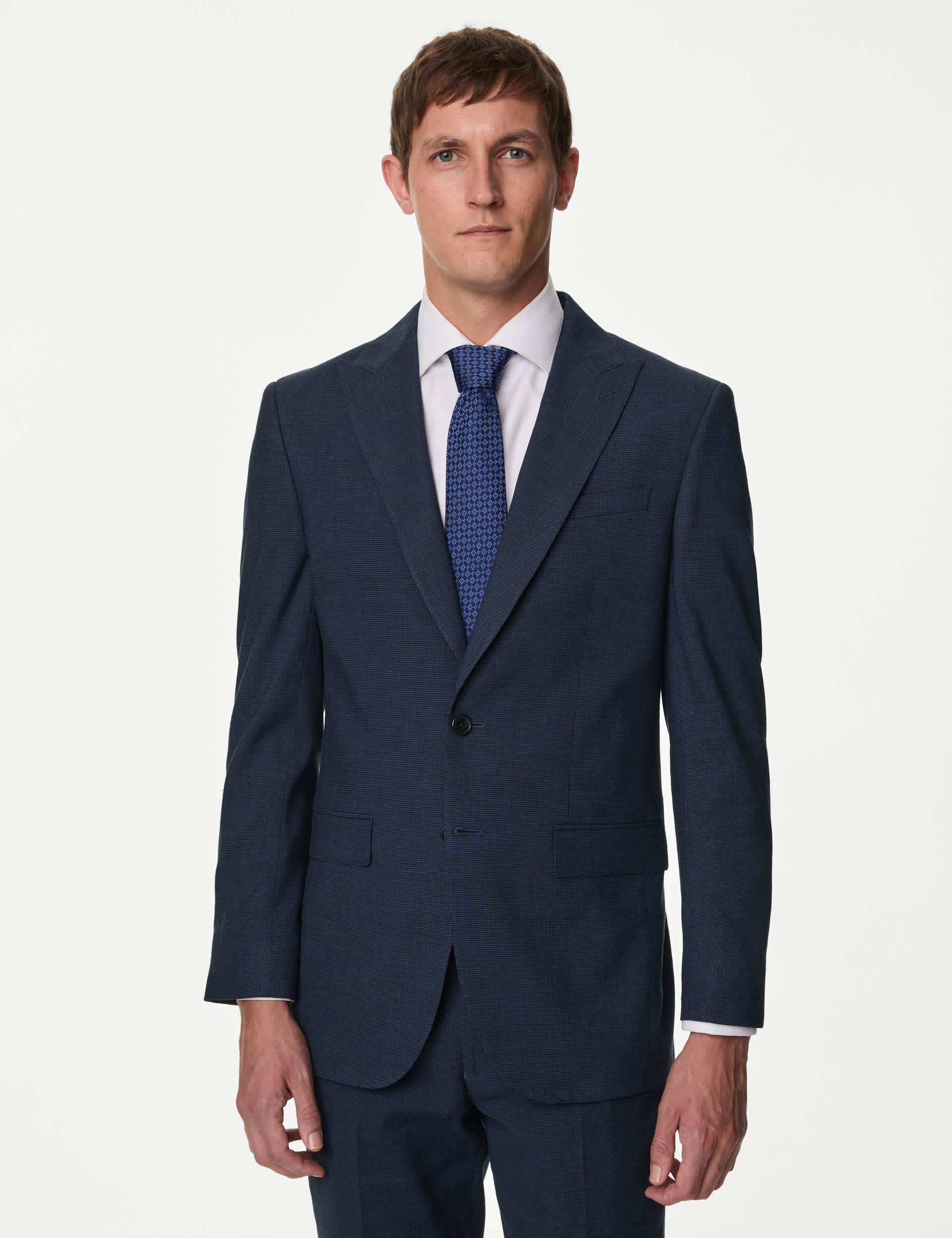 M&S Collection Men's Tailored Fit Italian Linen Miracle Puppytooth Suit Jacket - 38LNG - Navy, Grey