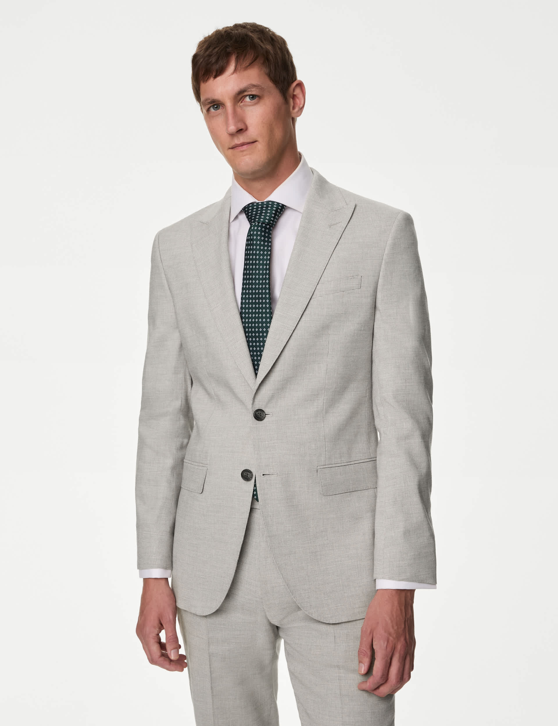 M&S Men's Tailored Fit Italian Linen Miracle Puppytooth Suit Jacket - 38REG - Grey, Grey,Navy