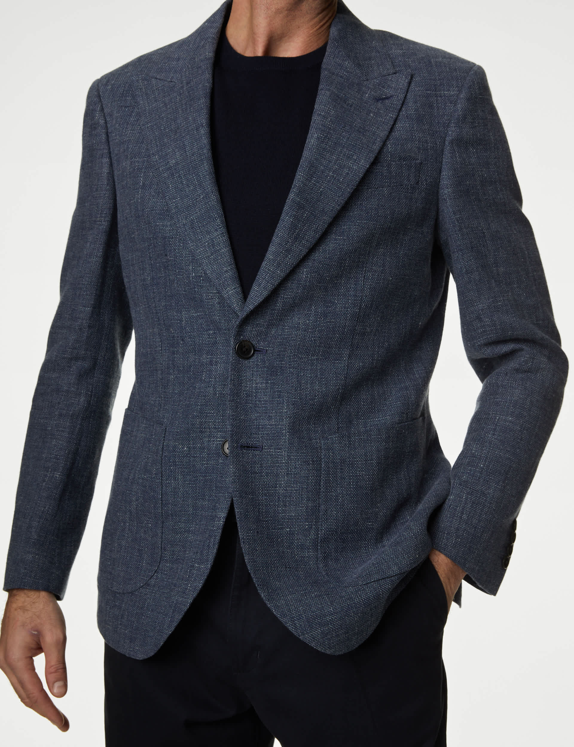 M&S Men's Italian Linen Blend Textured Blazer - 46REG - Navy, Navy