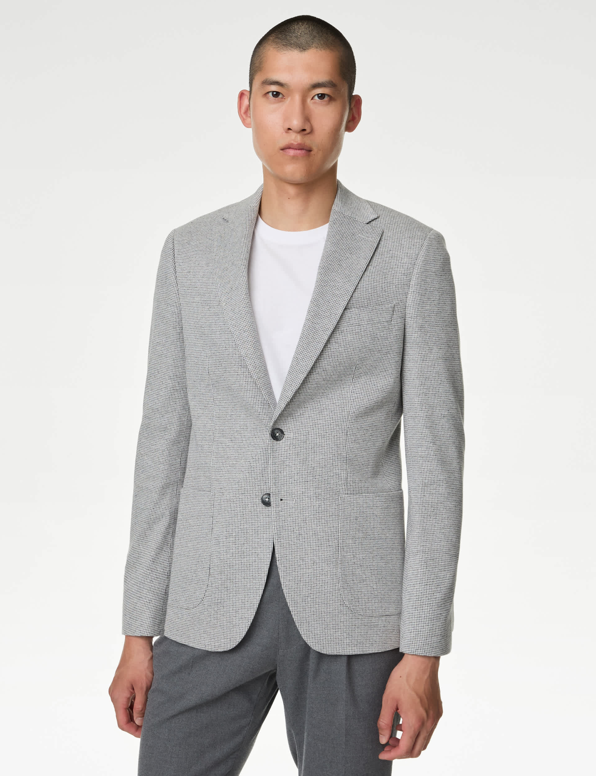 M&S Men's Tailored Fit Cotton Rich Puppytooth Blazer - 42REG - Light Grey, Light Grey,Neutral,Navy