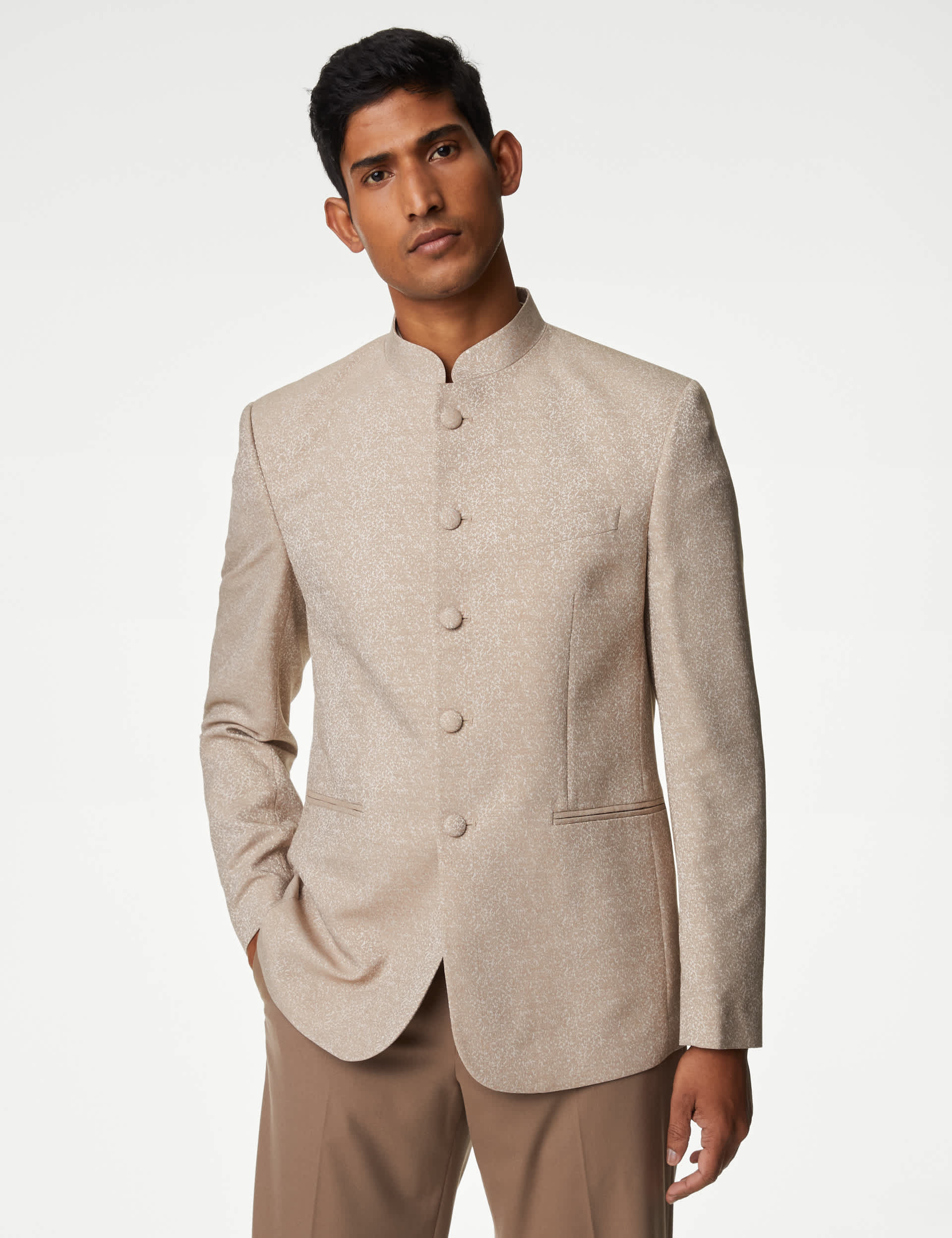 M&S Men's Textured Jacquard Nehru Jacket - 46REG - Neutral, Neutral