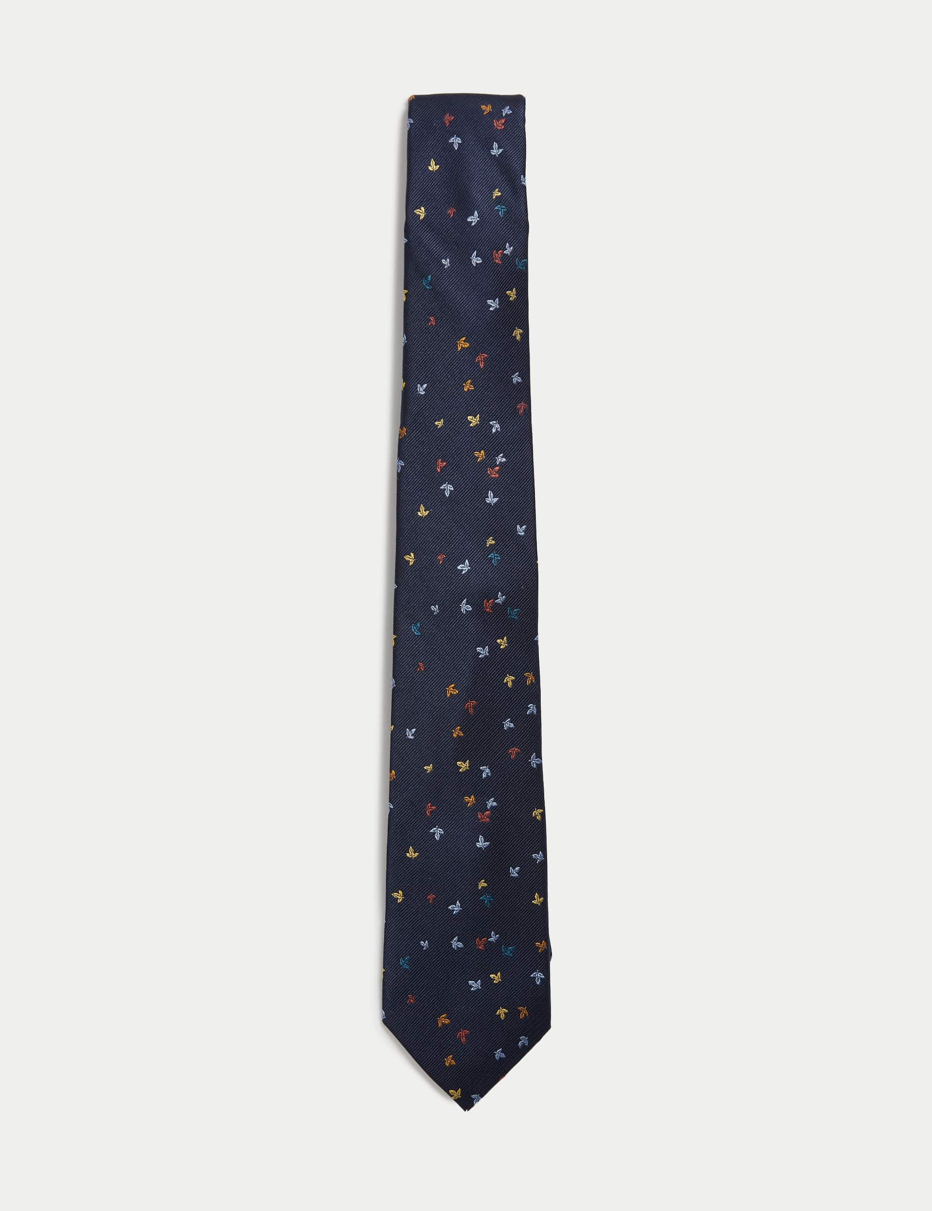 M&S Sartorial Men's Leaf Print Pure Silk Tie - one size - Navy Mix, Navy Mix