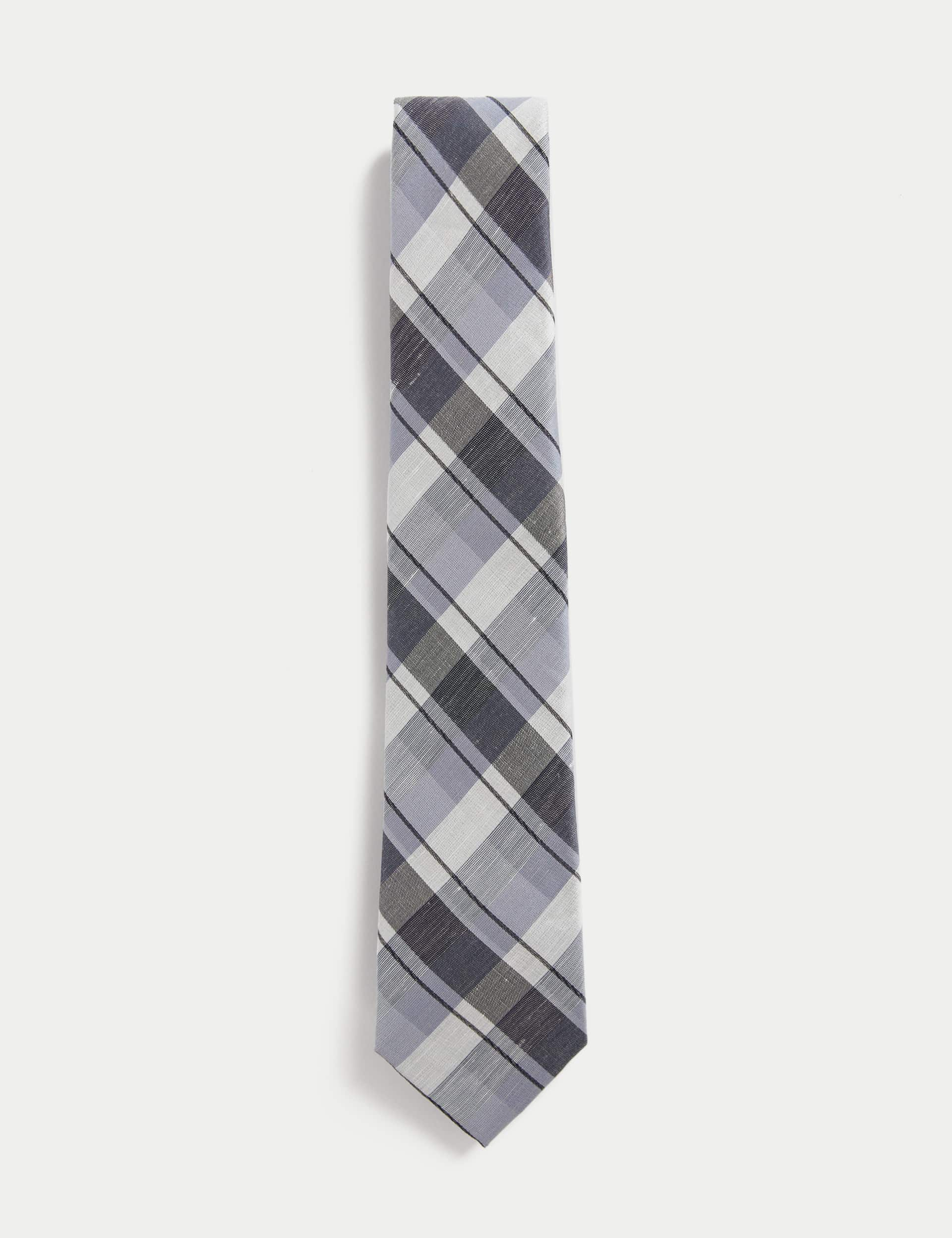 M&S Sartorial Men's Check Silk Rich Tie - one size - Blue, Blue