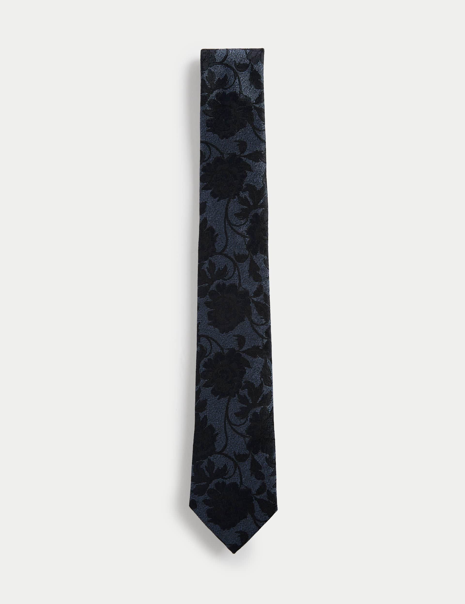 Jaeger Men's Slim Floral Pure Silk Tie - Blue Mix, Blue Mix