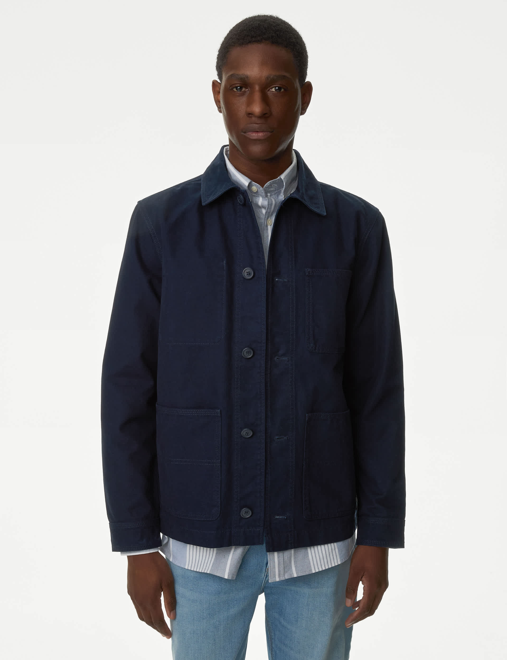 M&S Men's Pure Cotton Chore Jacket with Stormwear - SREG - Navy, Navy