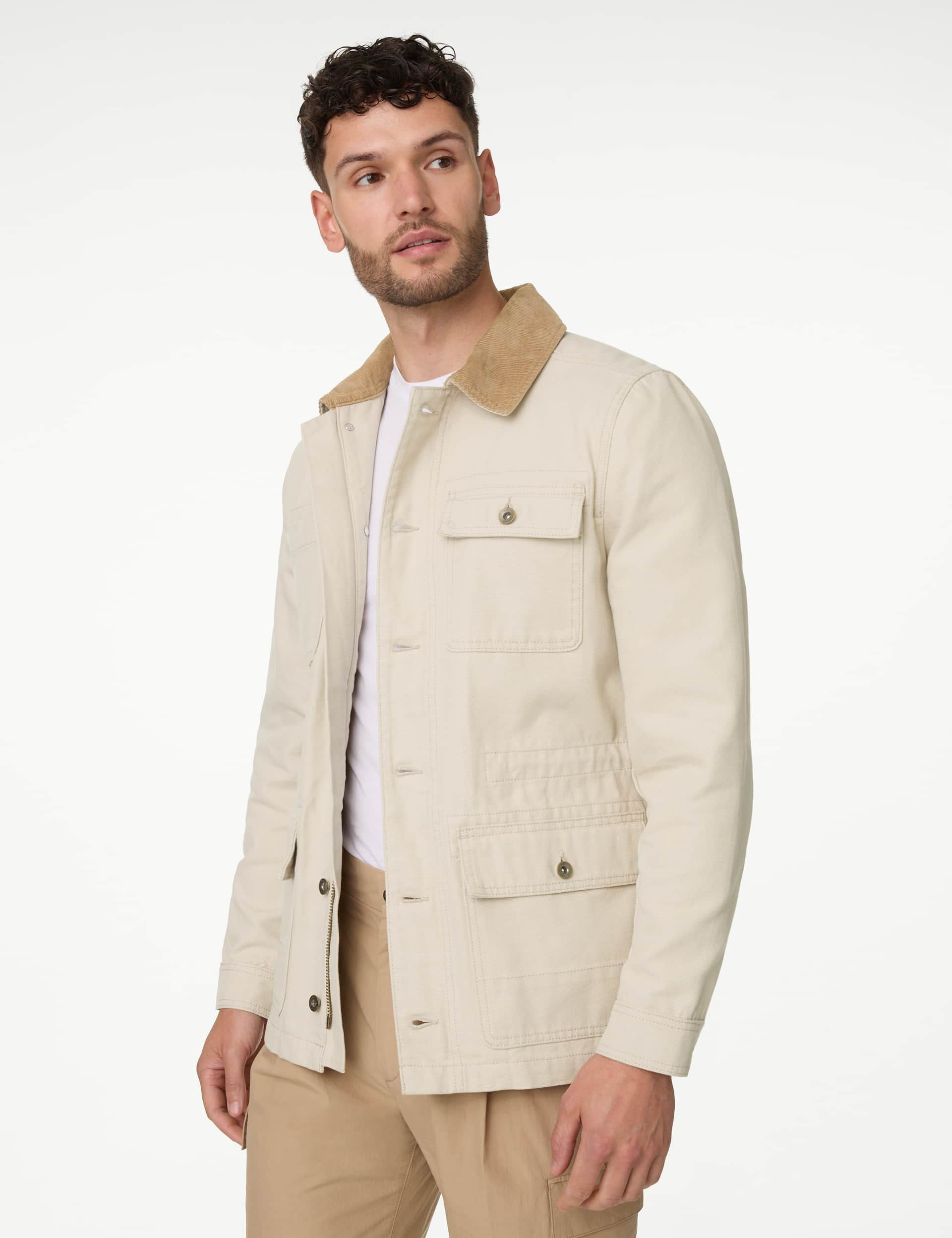 M&S Men's Pure Cotton Utility Jacket - XXXL - Ecru Mix, Ecru Mix