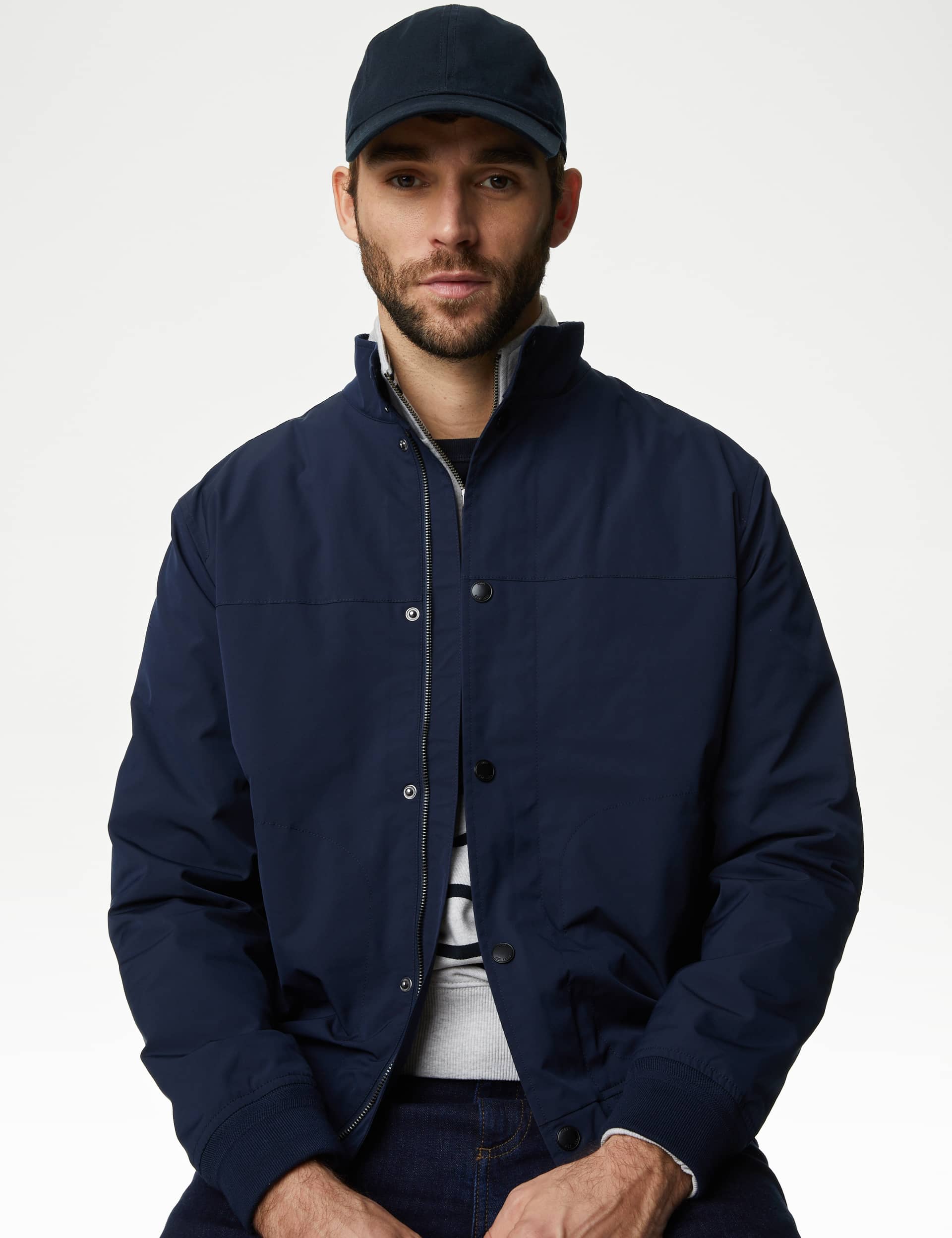 M&S Men's Funnel Neck Bomber Jacket with Stormwear - XXXLREG - Dark Navy, Dark Navy,Sage