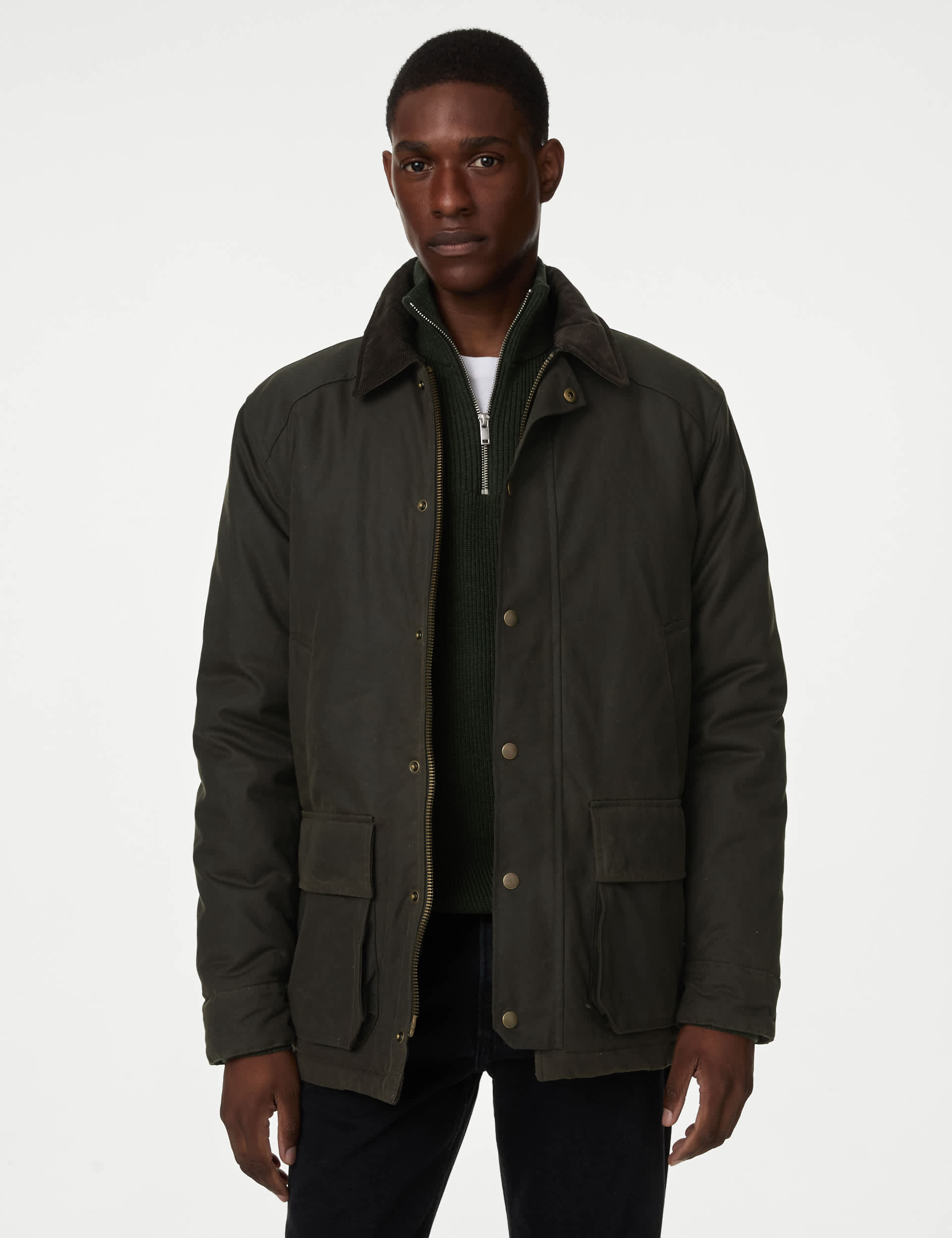 M&S Men's Pure Cotton Wax Jacket with Stormwear - XXXLREG - Green, Green,Black,Brown