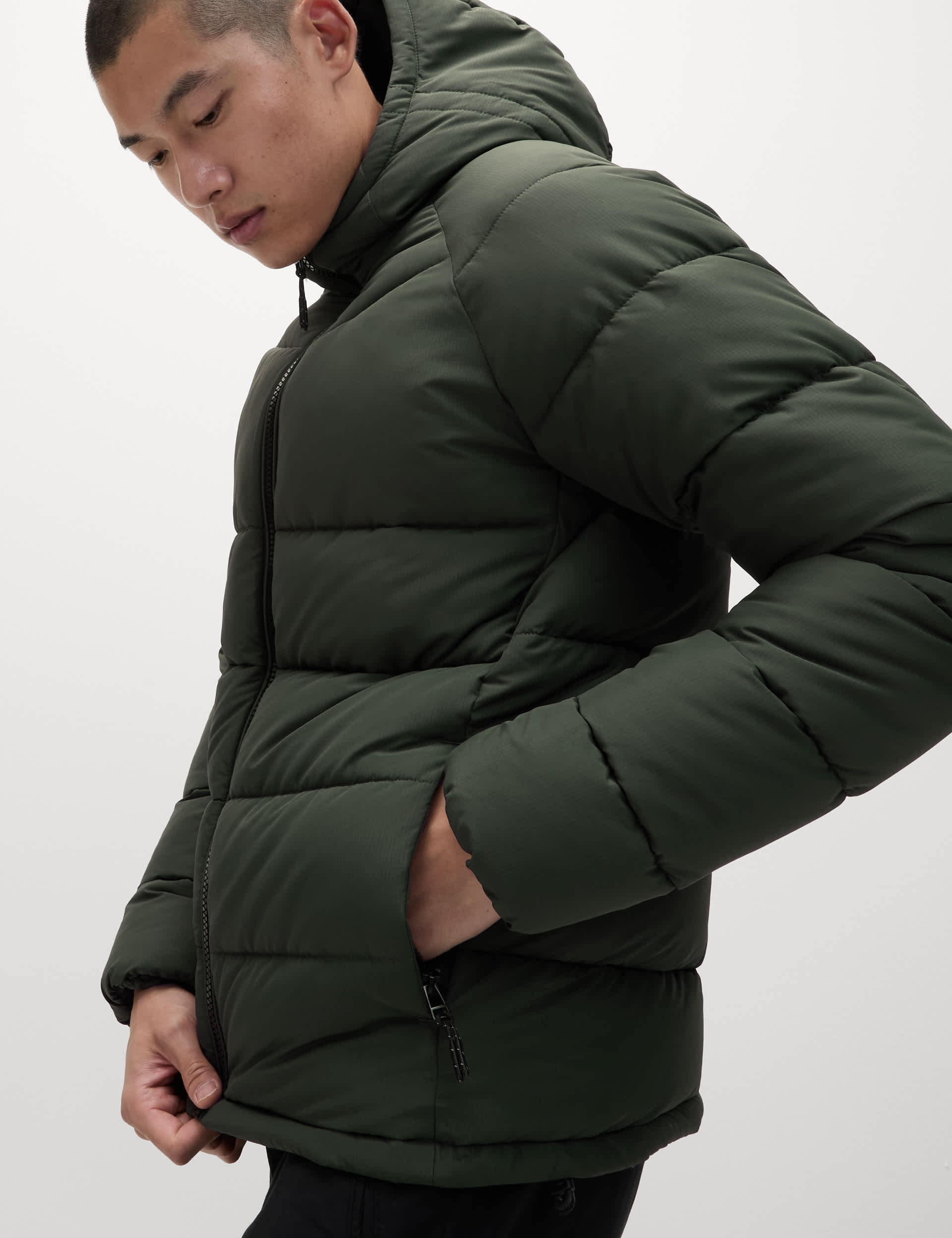 M&S Men's Hooded Puffer Trek Jacket with Thermowarmth - L - Bottle Green, Black,Bottle Green