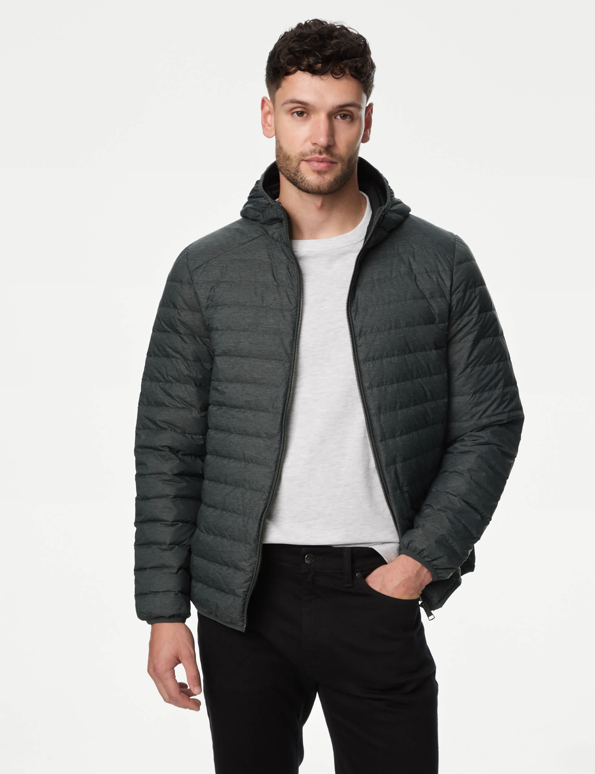 M&S Men's Feather and Down Jacket with Stormwear - LREG - Grey, Navy,Black,Grey