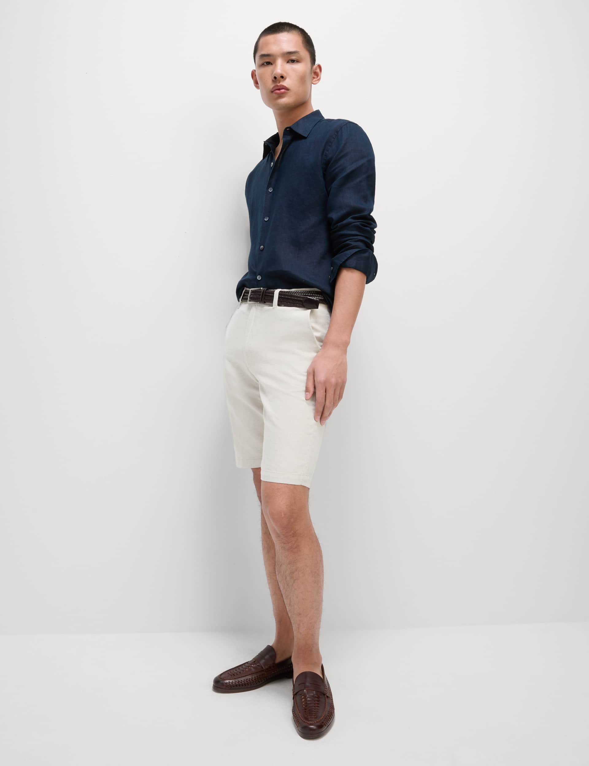 M&S Collection Men's Regular Fit Linen Blend Chino Shorts - 36MID - Stone Mix, Stone Mix,Dark Navy