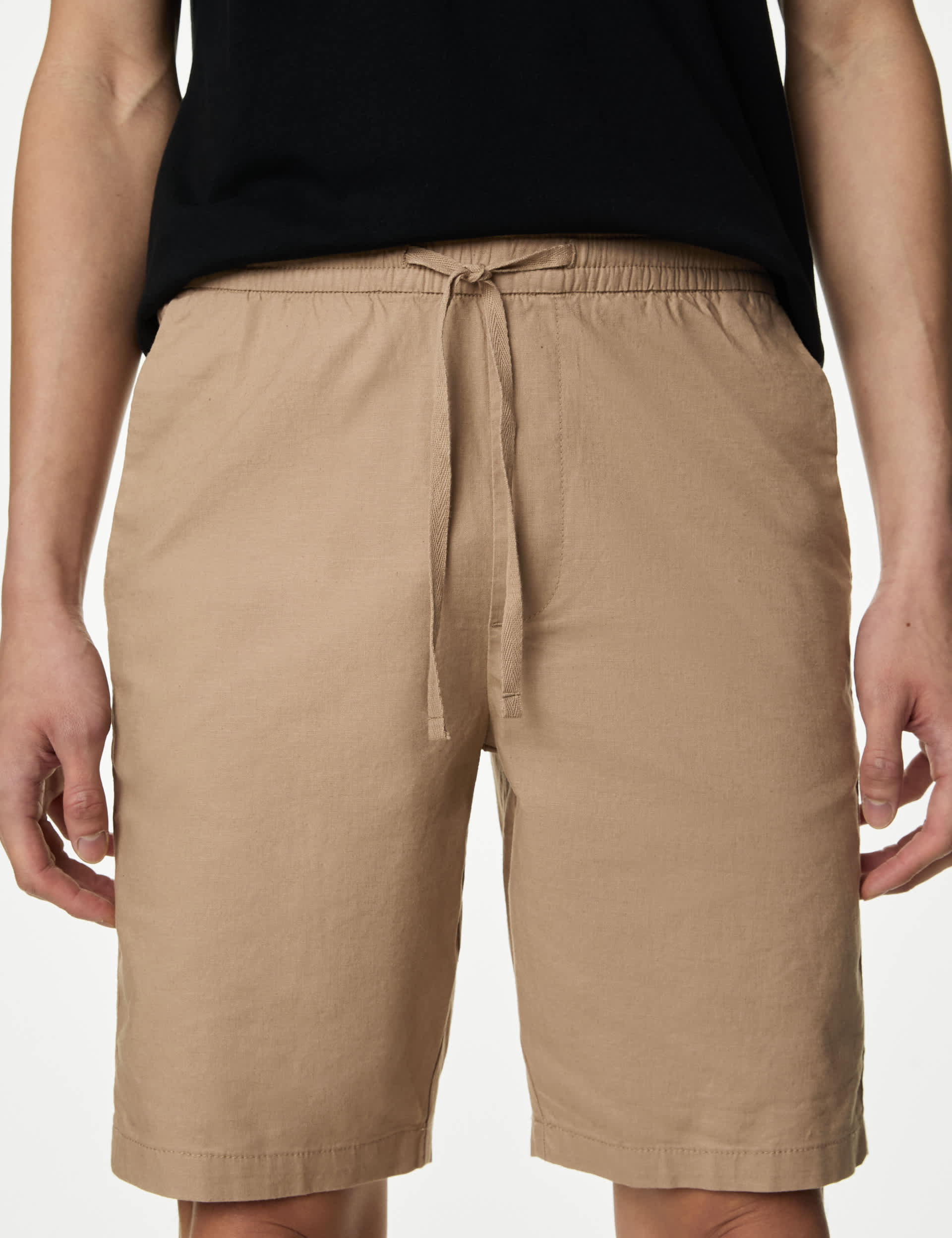 M&S Men's Linen Blend Elasticated Waist Stretch Shorts - Camel, Camel,Navy