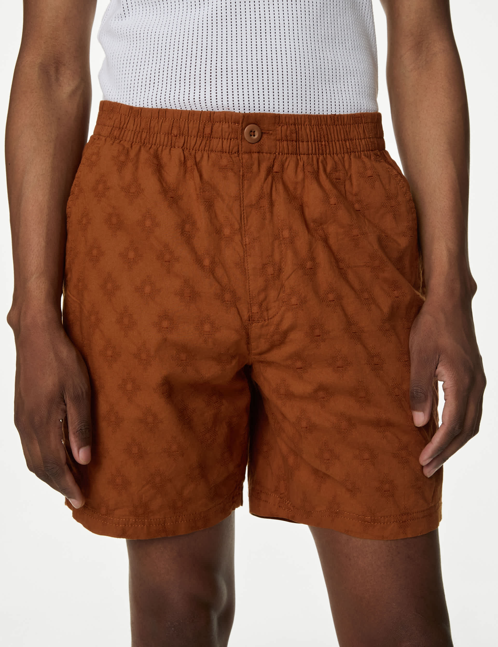 M&S Men's Pure Cotton Elasticated Waist Jacquard Shorts - M - Chestnut, Navy,Chestnut