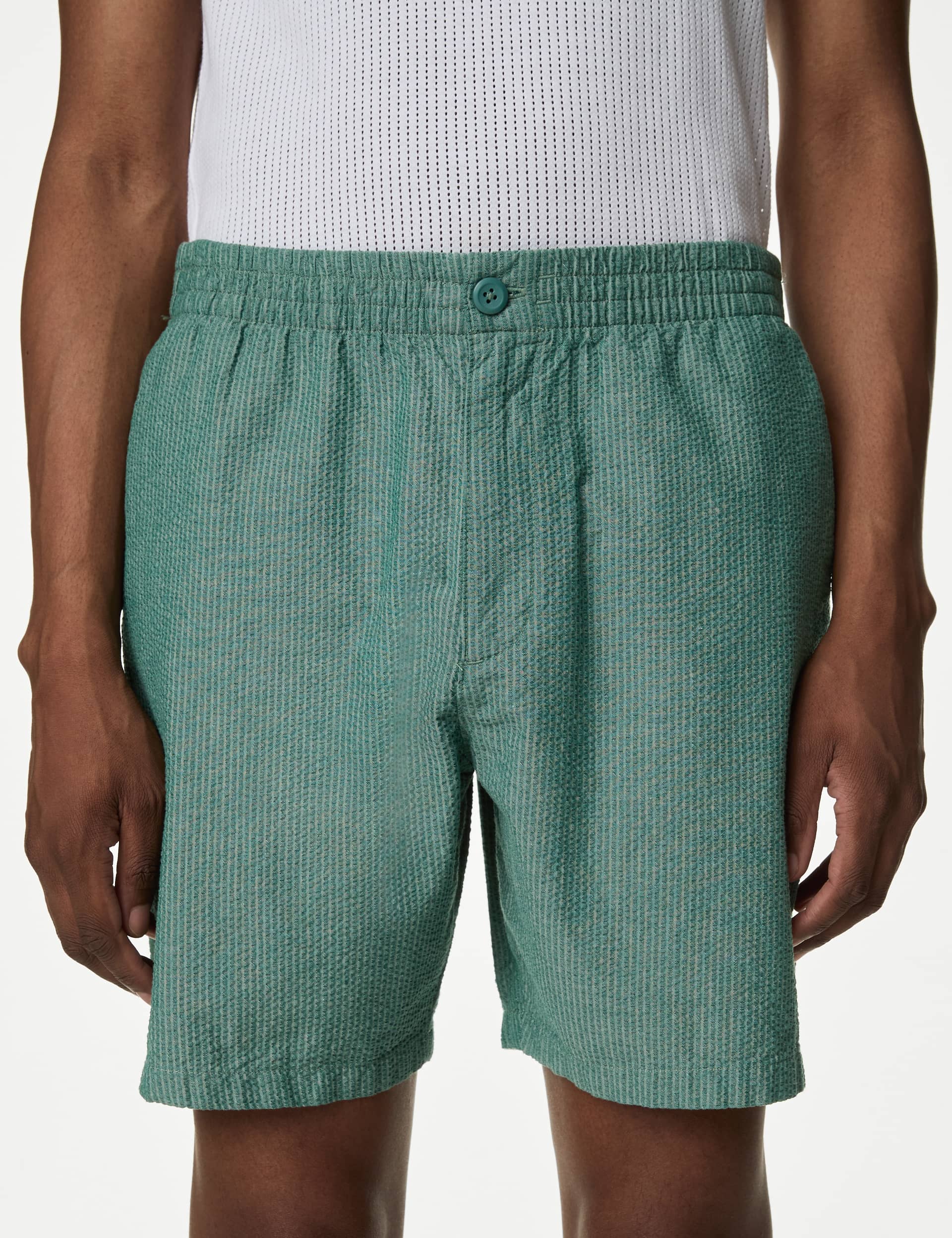 M&S Men's Pure Cotton Seersucker Elasticated Shorts - Green, Black,Grey,Green