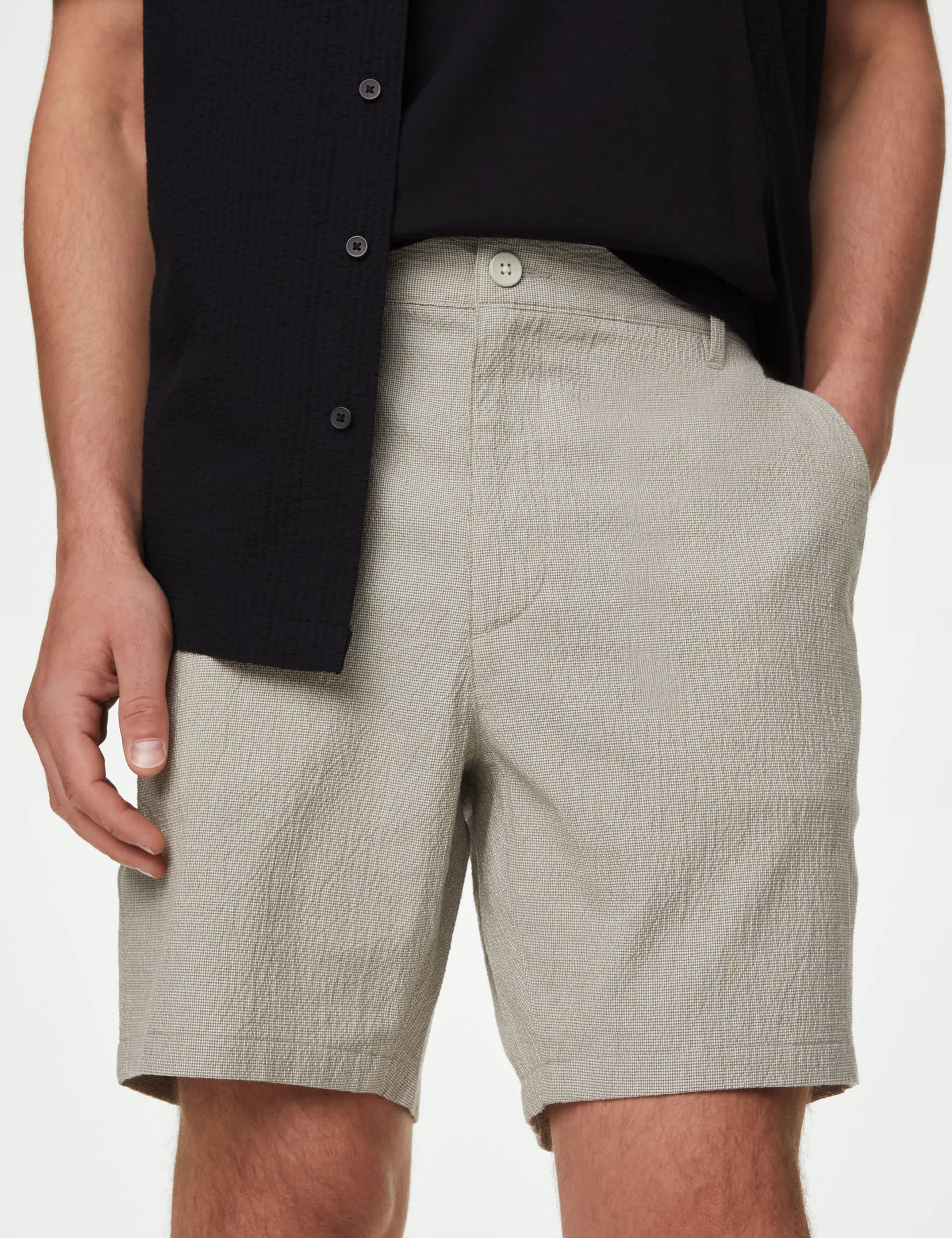 M&S Men's Half Elasticated Waist Seersucker Shorts - Natural Mix, Natural Mix