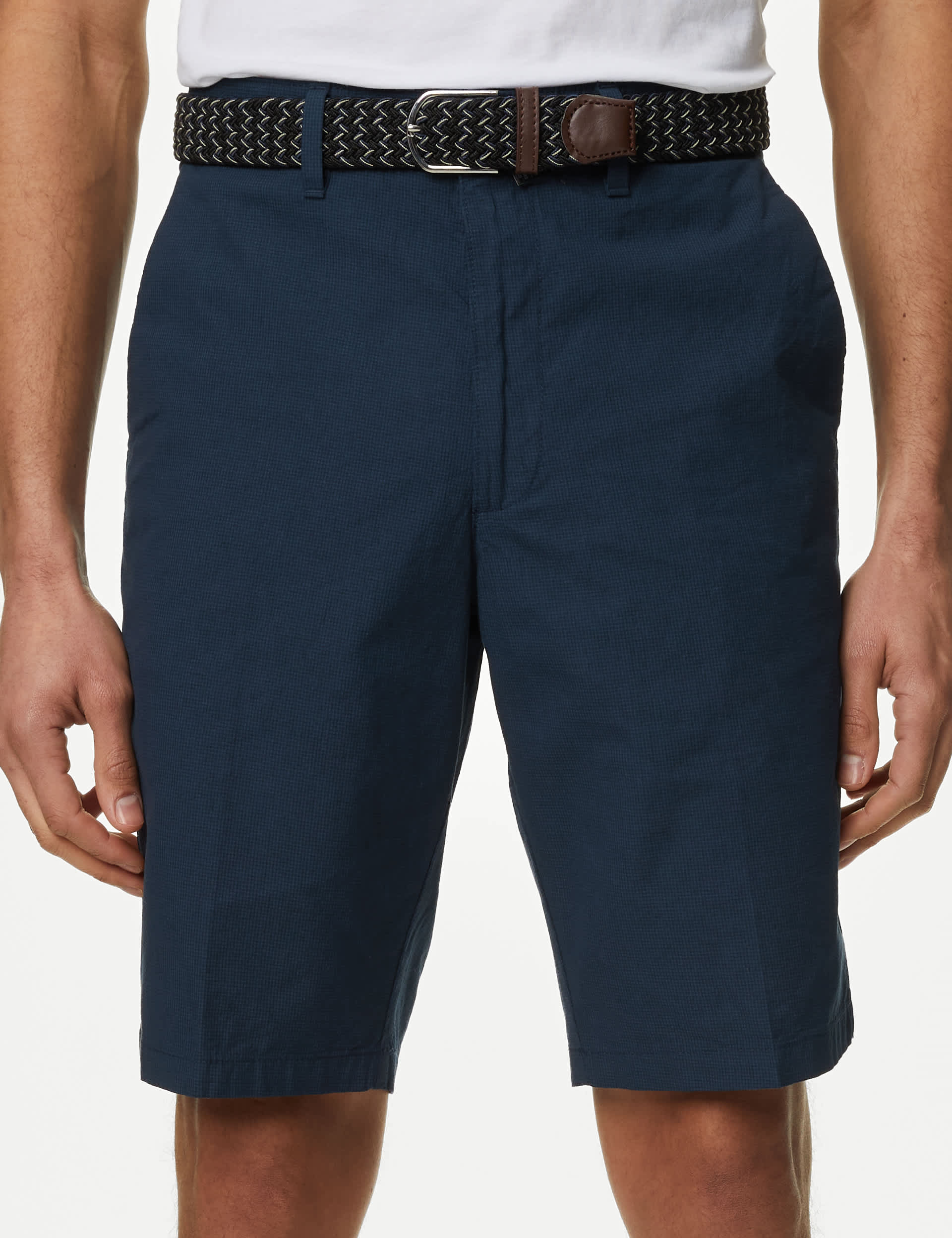 M&S Men's Pure Cotton Checked Belted Chino Shorts