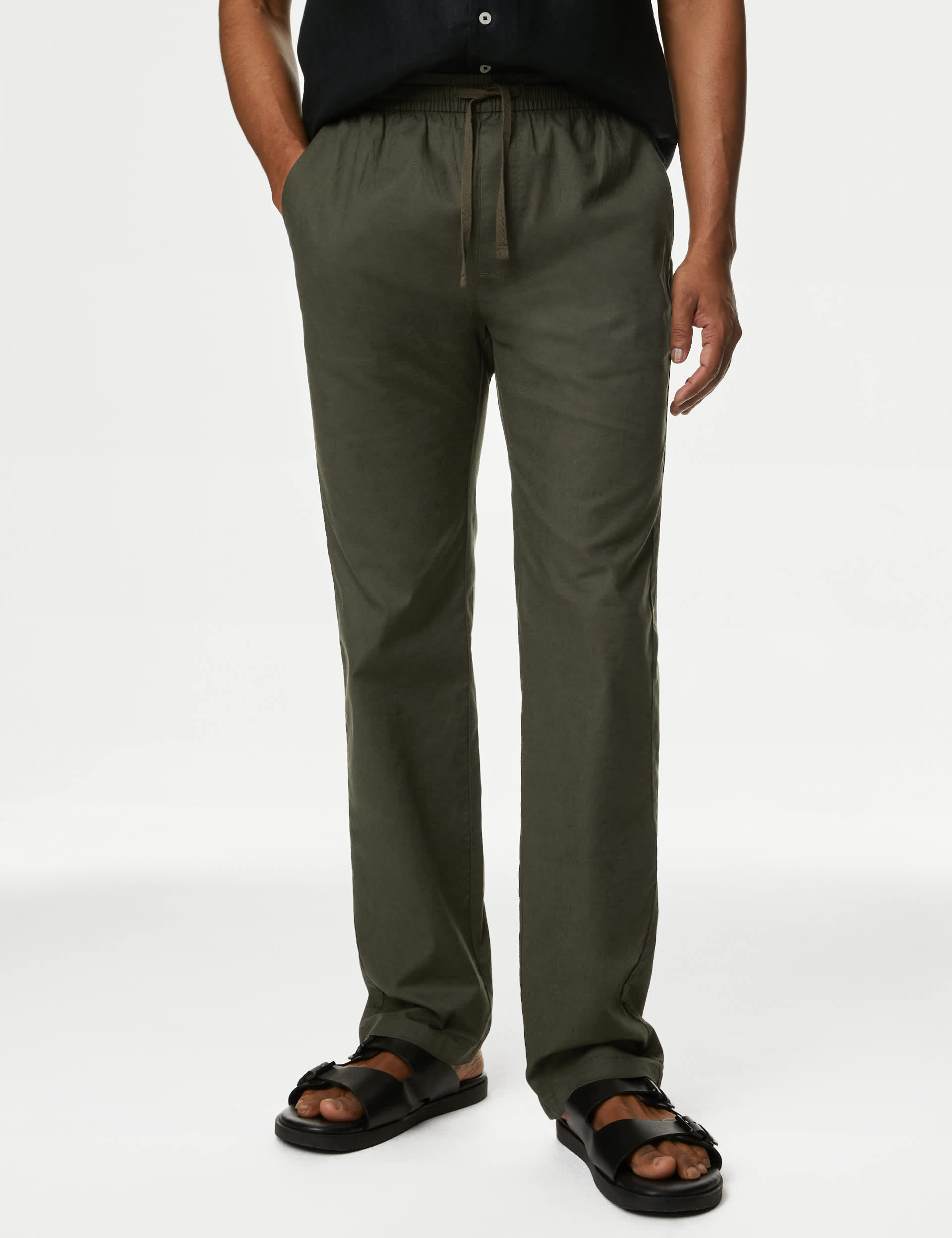 M&S Men's Tapered Fit Linen Blend Trousers - XXLLNG - Medium Khaki, Medium Khaki,Stone,Black,Camel,N