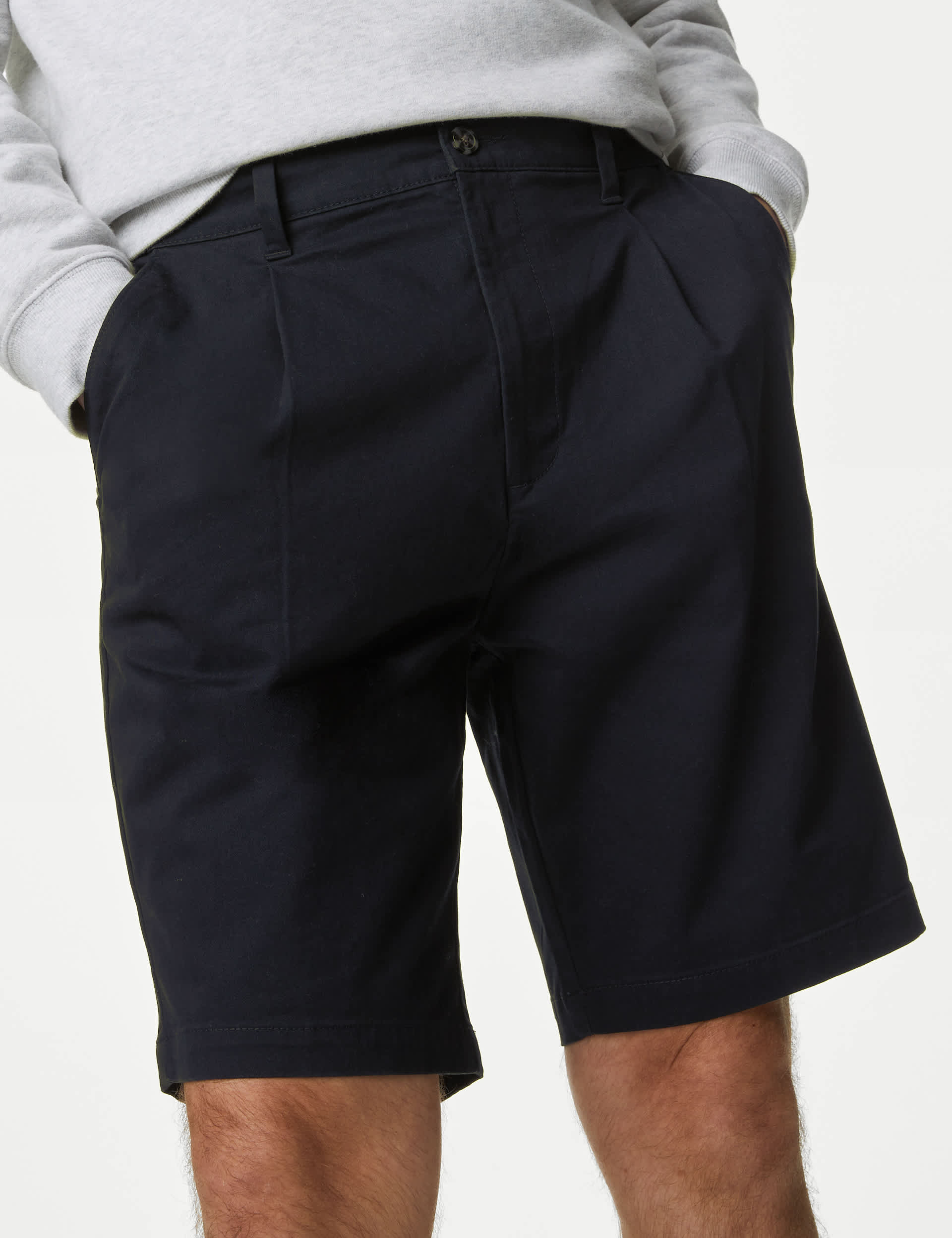 M&S Men's Single Pleat Stretch Chino Shorts - 34 - Navy, Navy,White,Neutral Brown