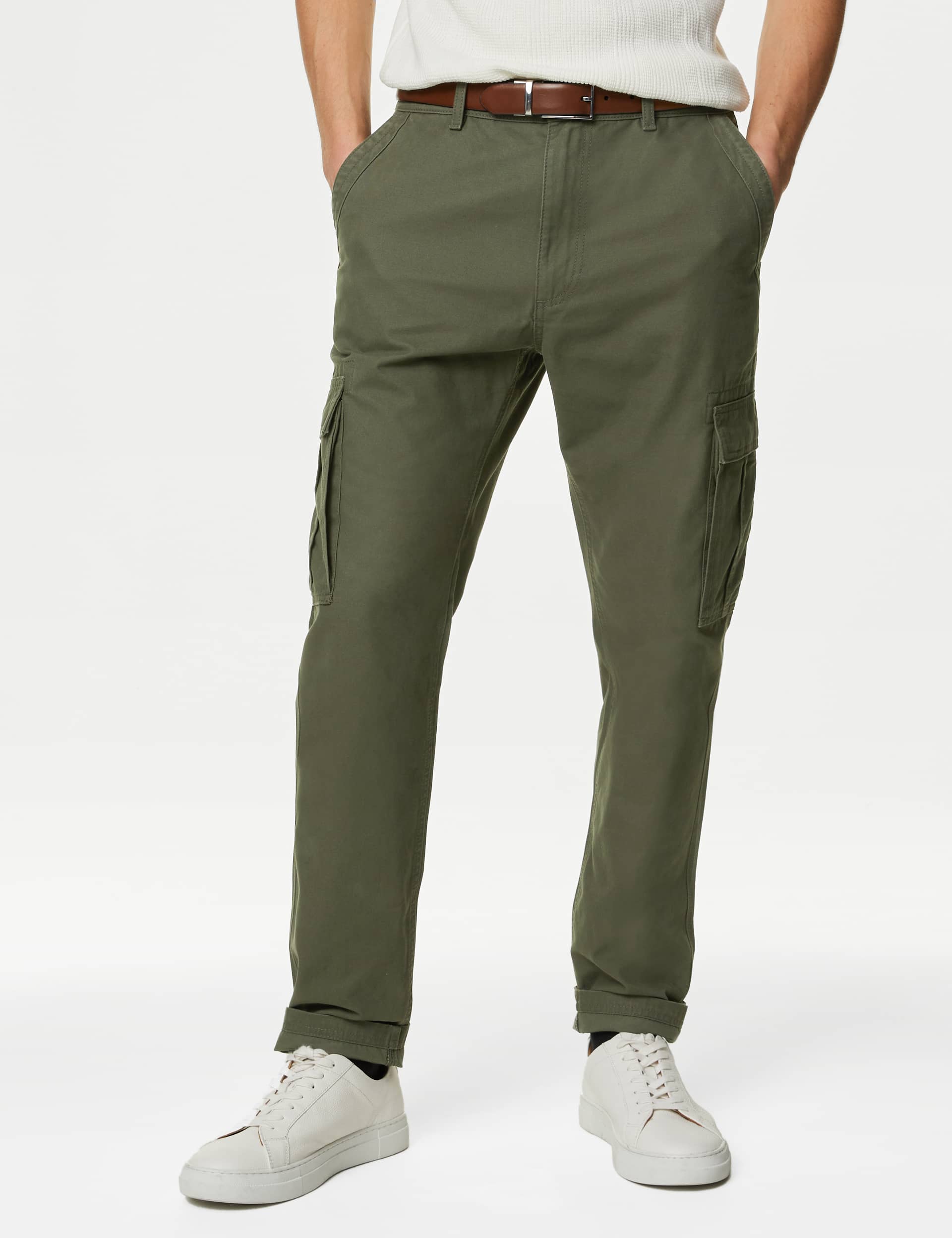 M&S Men's Tapered Fit Pure Cotton Cargo Trousers - 42/29 - Khaki, Black,Khaki,Stone,Ecru,Slate Blue