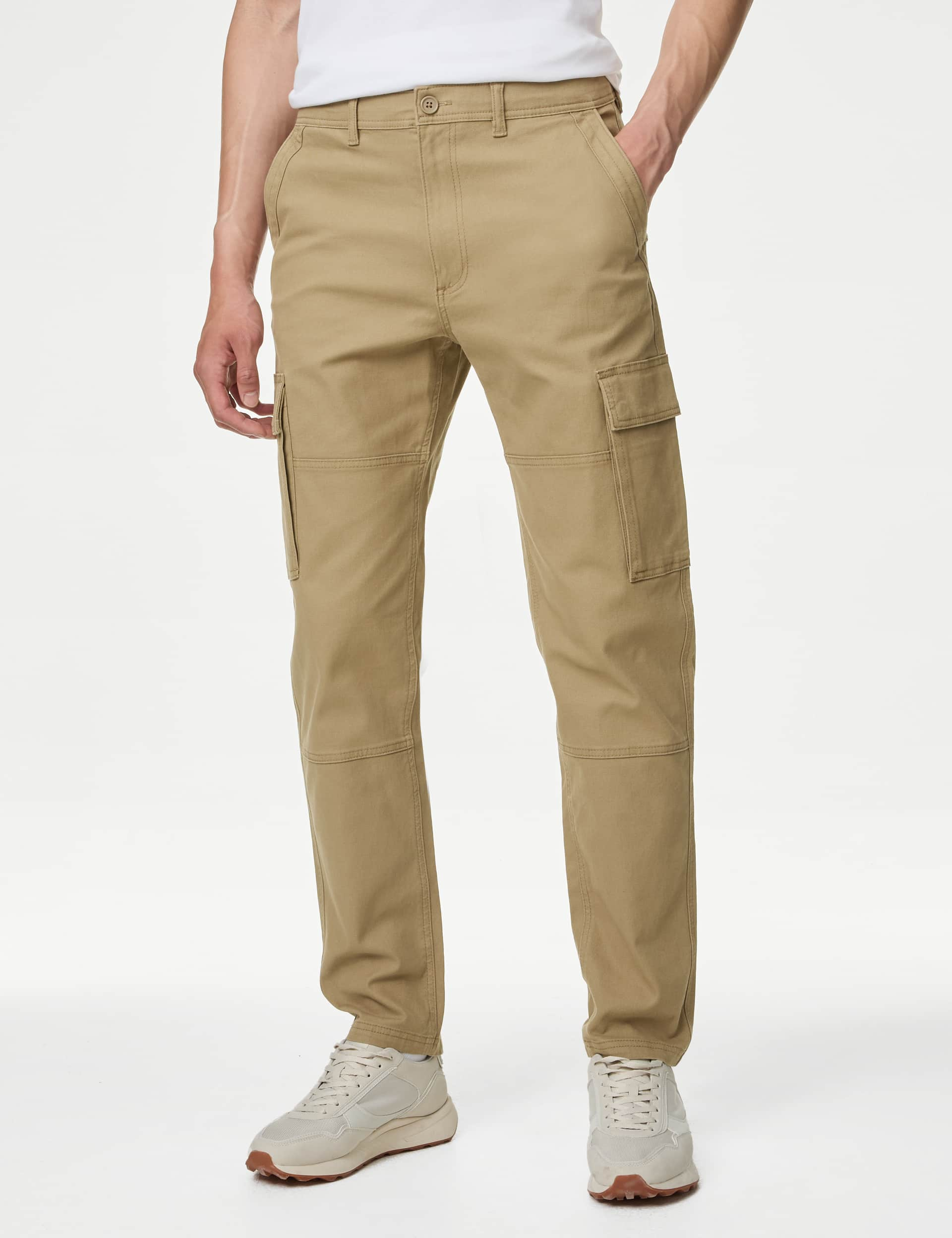 M&S Men's Tapered Fit Stretch Cargo Trousers - 3431 - Toffee, Dark Khaki,Toffee,Black,Dark Navy,Ston