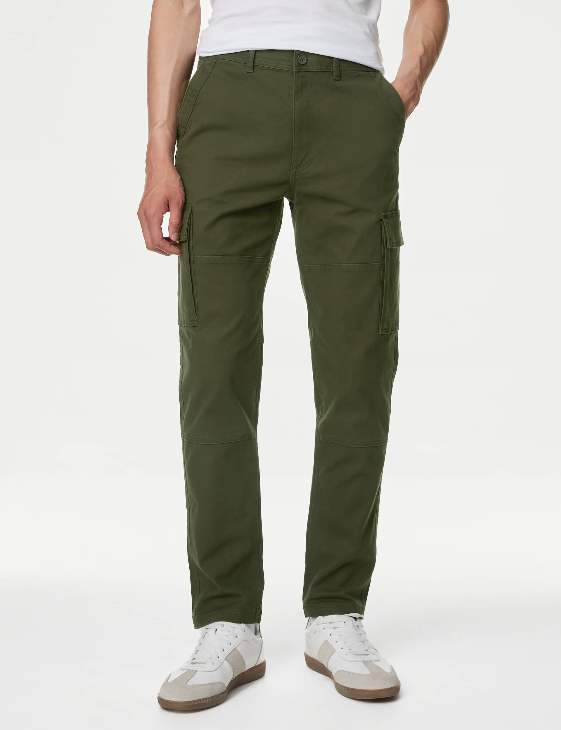 M&S Men's Tapered Fit Stretch Cargo Trousers - 3431 - Dark Khaki, Toffee,Dark Navy,Brown,Dark Khaki,