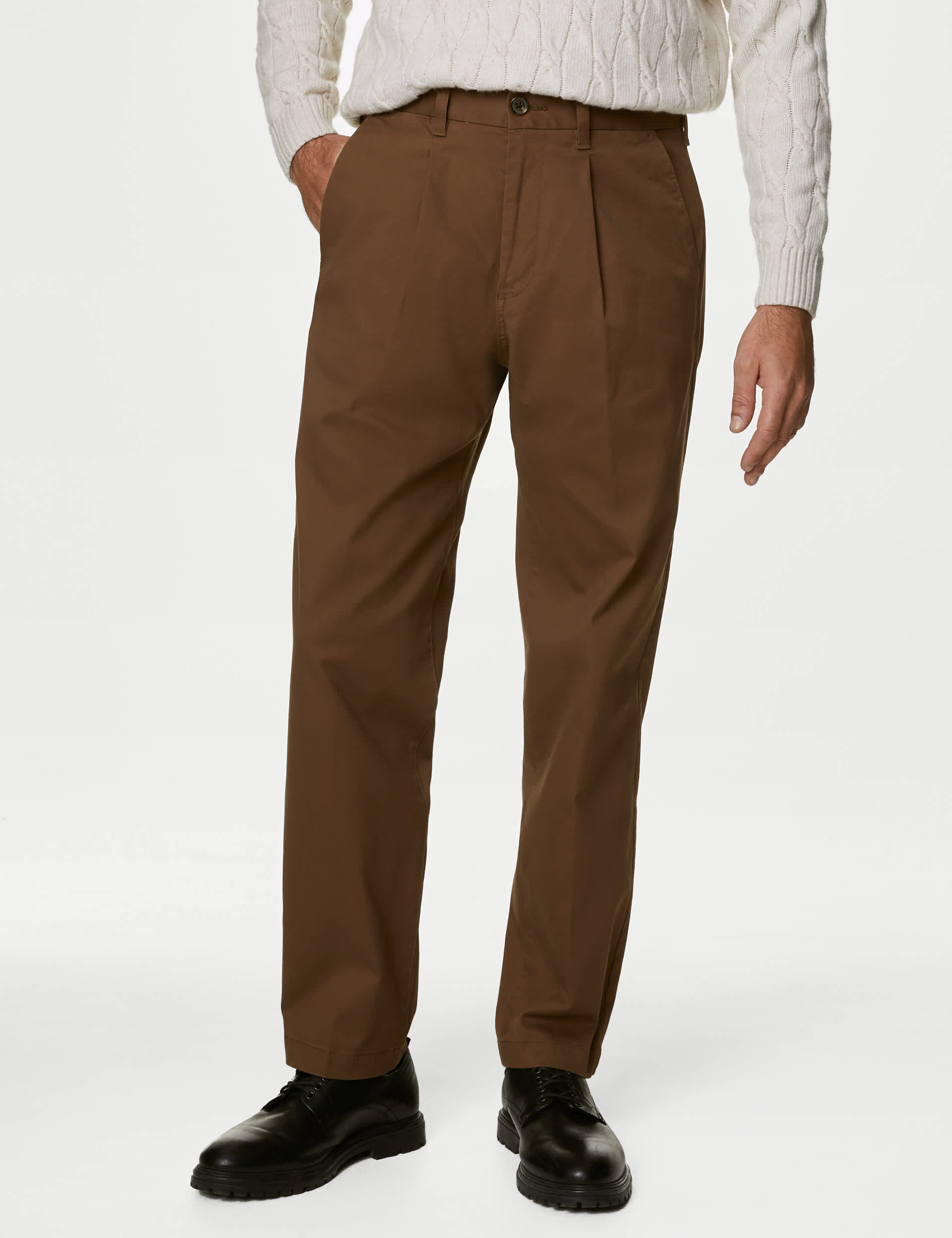 M&S Men's Regular Fit Pleated Heritage Chinos - 42/29 - Dark Bronze, Dark Bronze,Navy