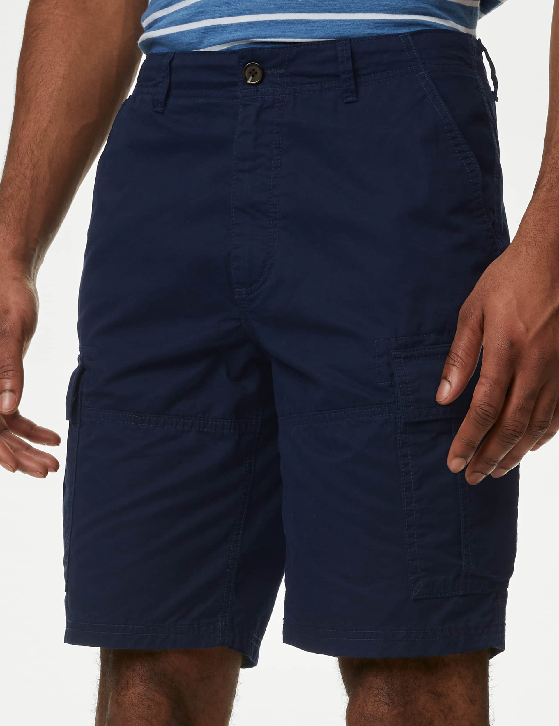 M&S Men's Pure Cotton Cargo Shorts - 34 - Navy, Navy,Sand