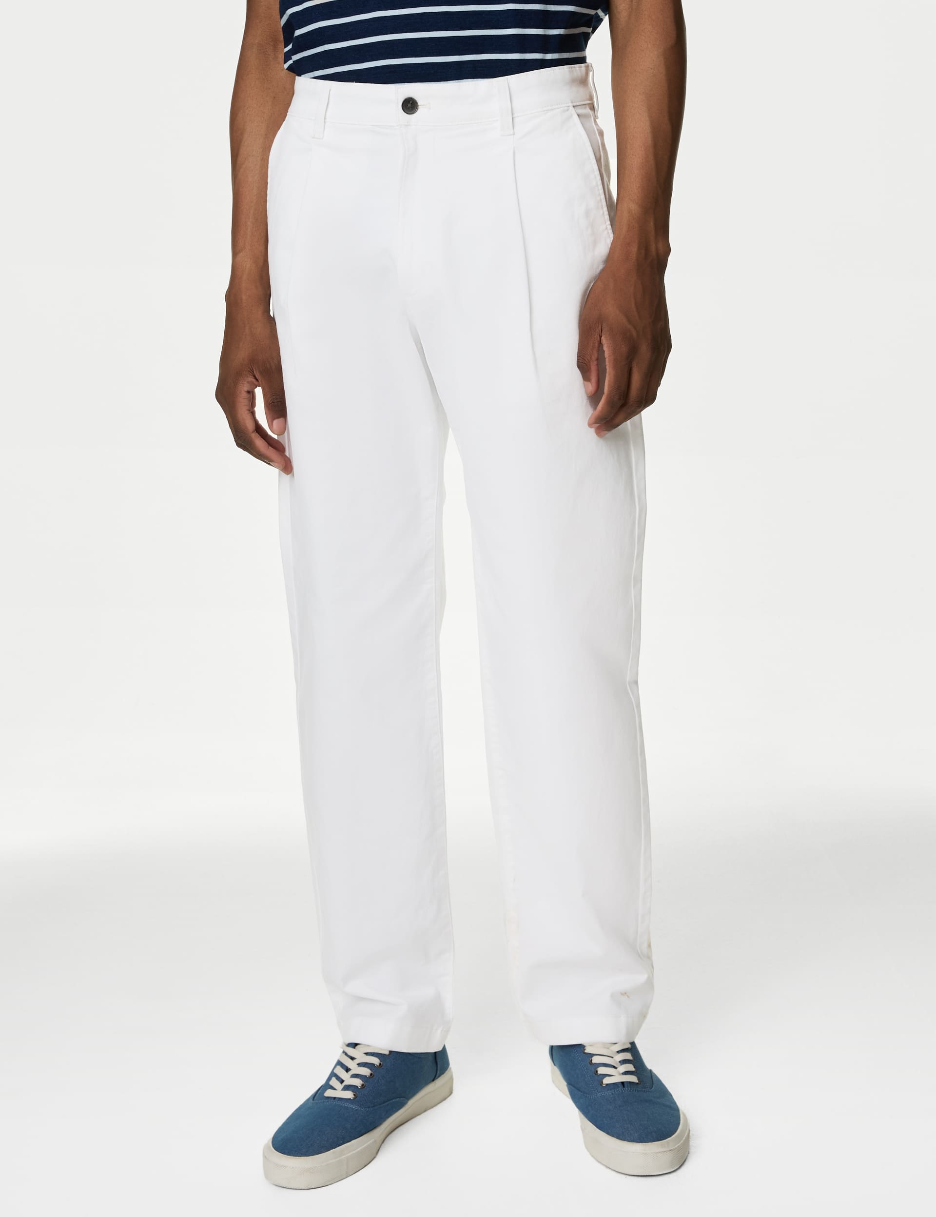 M&S Men's Regular Fit Single Pleat Stretch Chinos - 42/31 - White Mix, White Mix