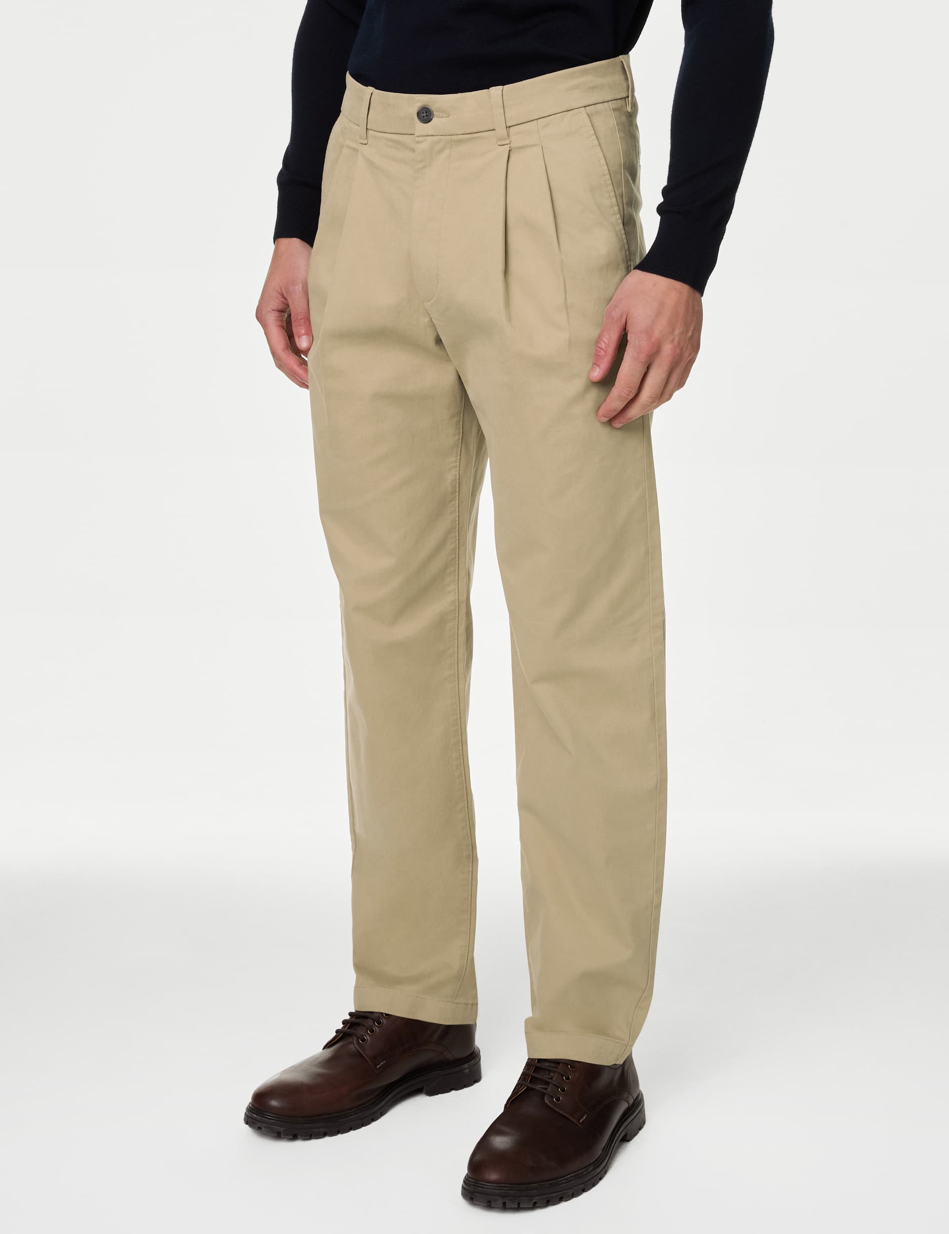M&S Men's Tapered Fit Twin Pleat Stretch Chinos