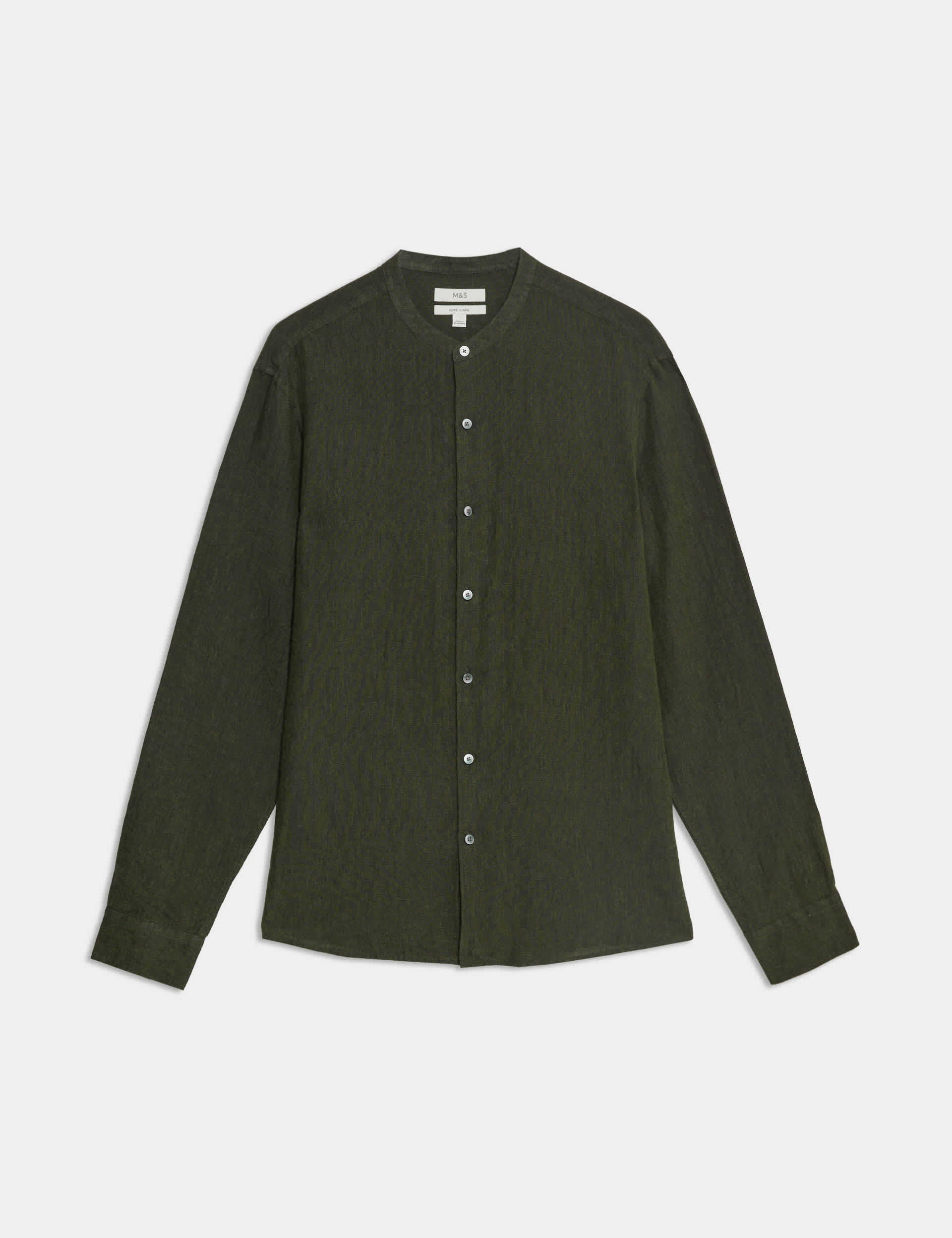 M&S Collection Men's Pure Linen Grandad Collar Shirt - LREG - Dark Green, Dark Green