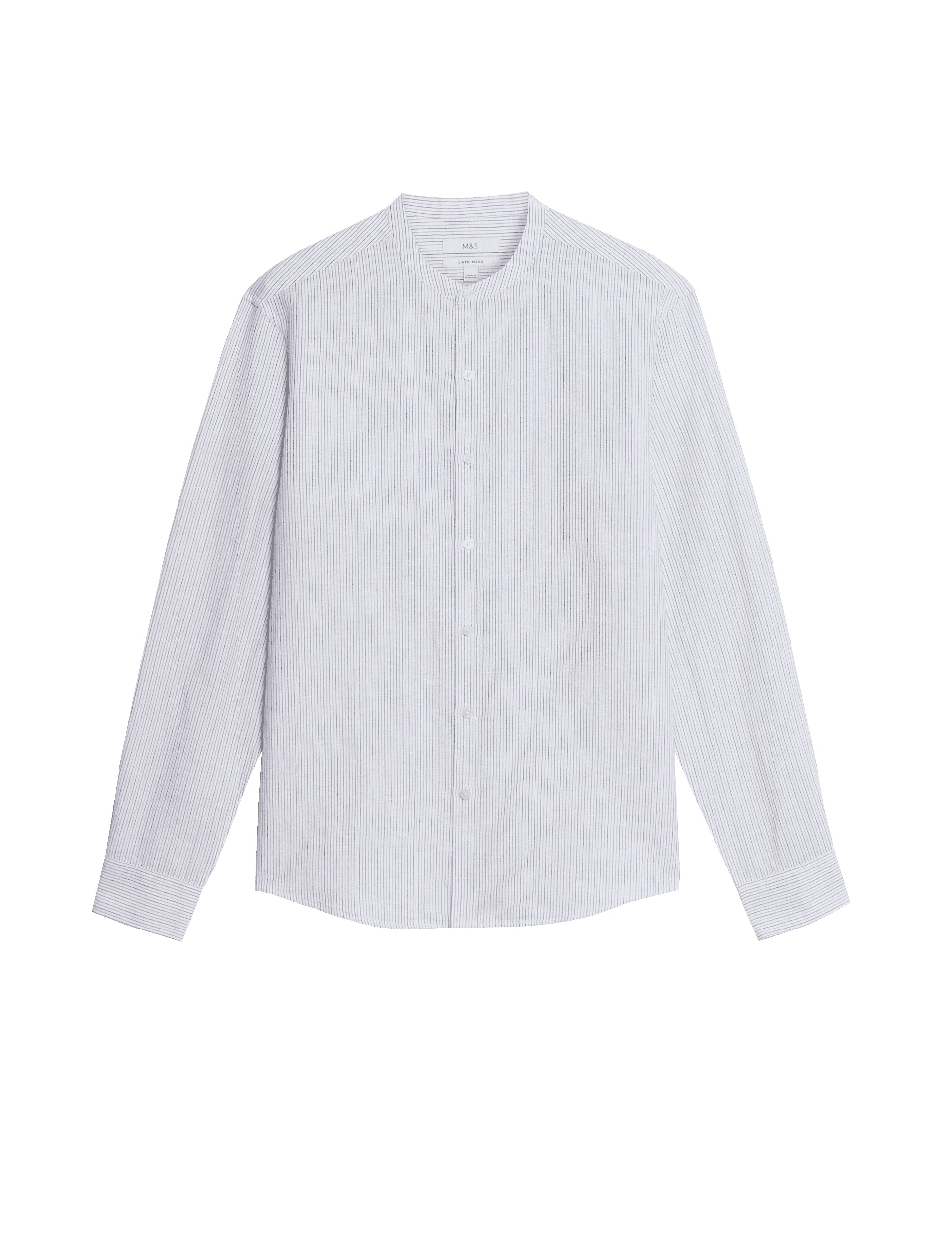 M&S Collection Men's Linen Rich Striped Grandad Collar Shirt - LREG - White Mix, Natural Mix,Blue Mi