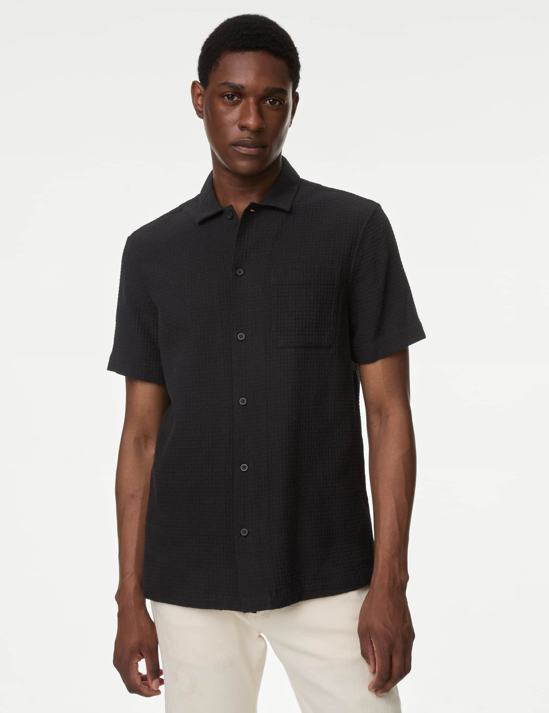 M&S Men's Easy Iron Pure Cotton Cuban Collar Waffle Shirt - XREG - Black, Black,Dark Khaki