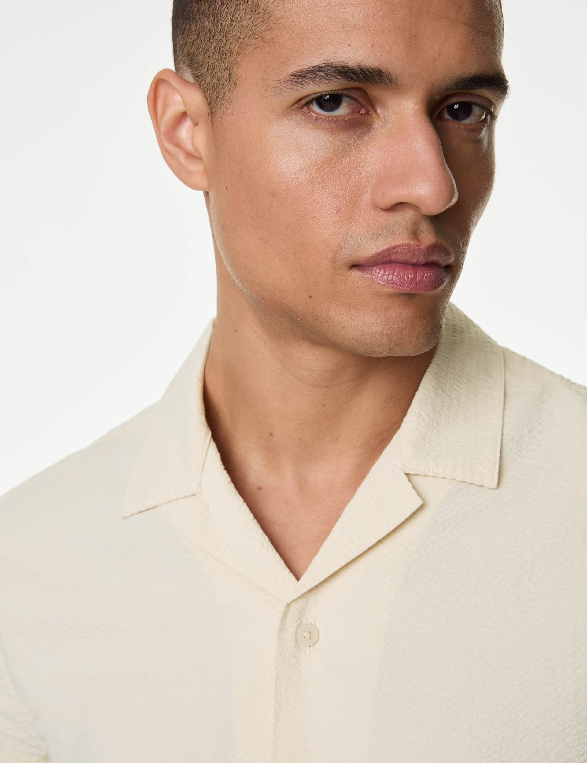 M&S Men's Pure Cotton Seersucker Shirt - XXXXLREG - Ecru, Ecru