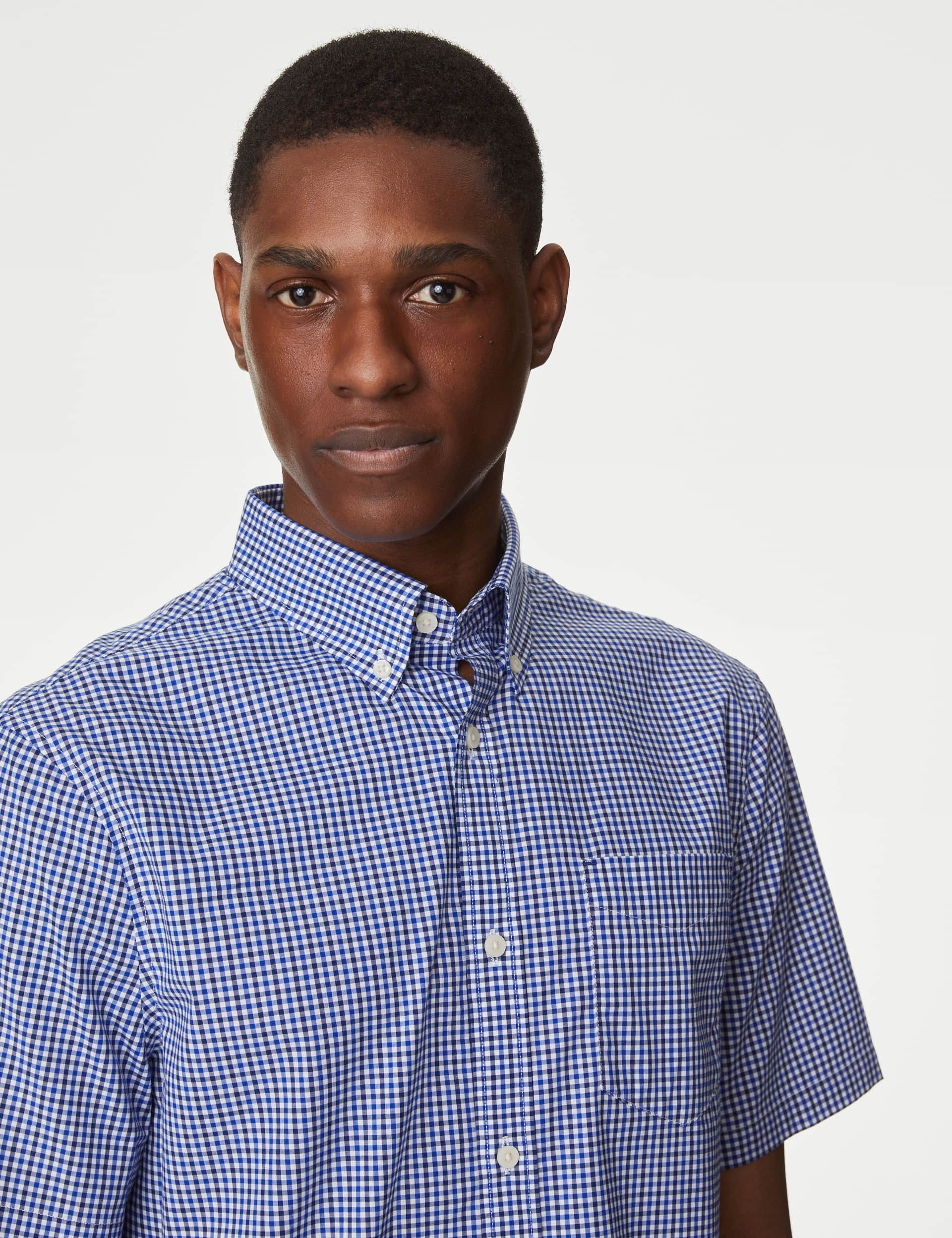 M&S Men's Easy Iron Cotton Stretch Gingham Check Oxford Shirt - MREG - Navy Mix, Blue Mix,Navy Mix