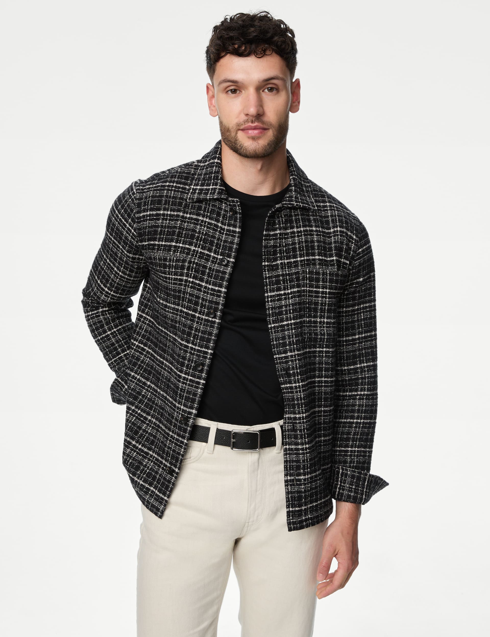 M&S Men's Pure Cotton Textured Check Overshirt - XLREG - Black Mix, Ecru Mix,Black Mix