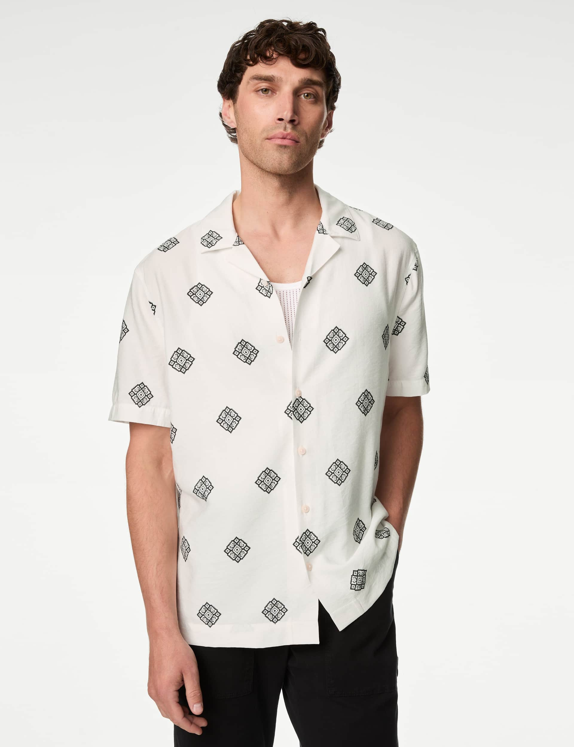 M&S Men's Printed Shirt - XLREG - Ecru Mix, Ecru Mix