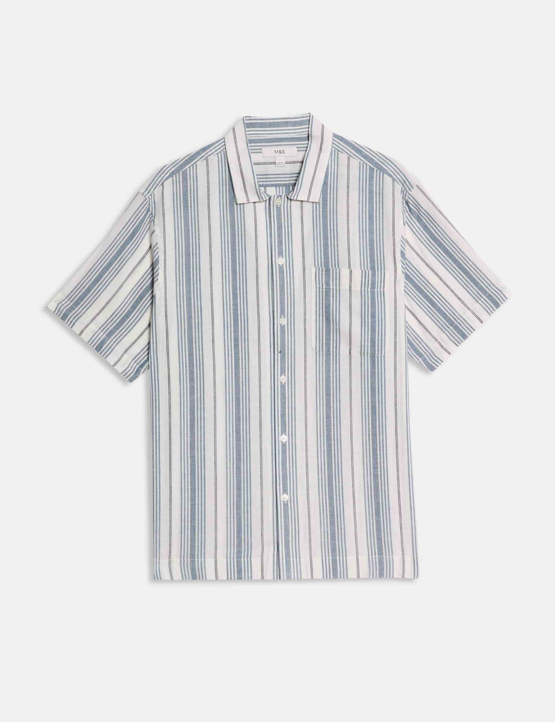 M&S Collection Men's Easy Iron Pure Cotton Striped Shirt - MREG - Blue Mix, Blue Mix