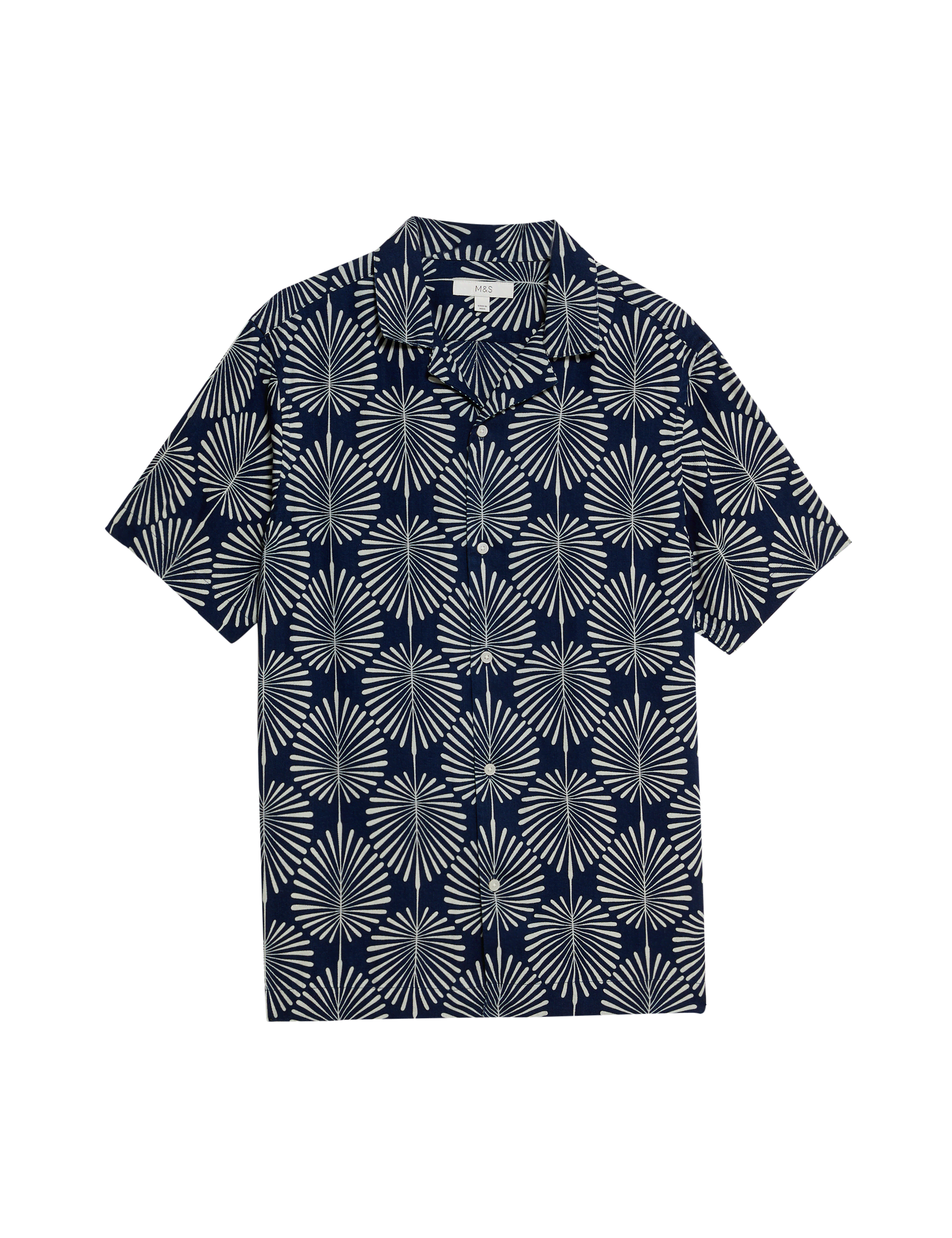 M&S Collection Men's Geometric Print Cuban Collar Shirt - LREG - Indigo, Indigo