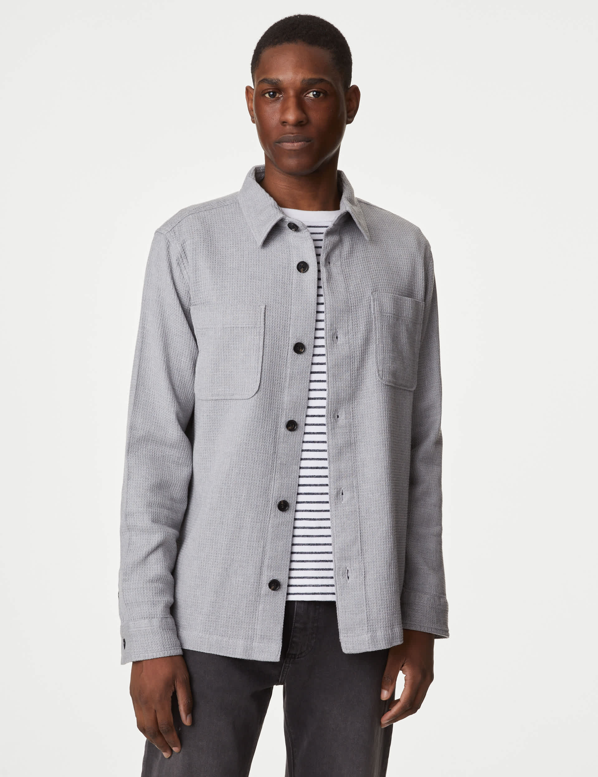 M&S Men's Pure Cotton Waffle Overshirt - SREG - Grey Marl, Grey Marl,Dark Navy