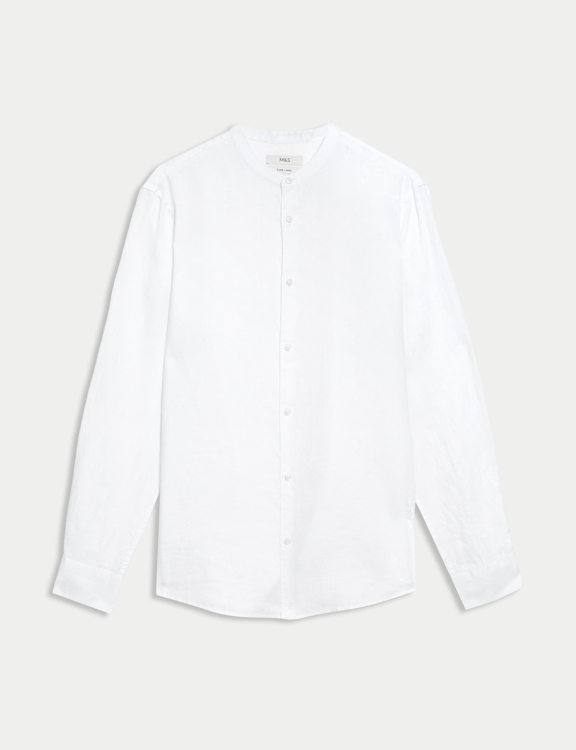 M&S Men's Pure Linen Grandad Collar Shirt - XREG - White, White,Black