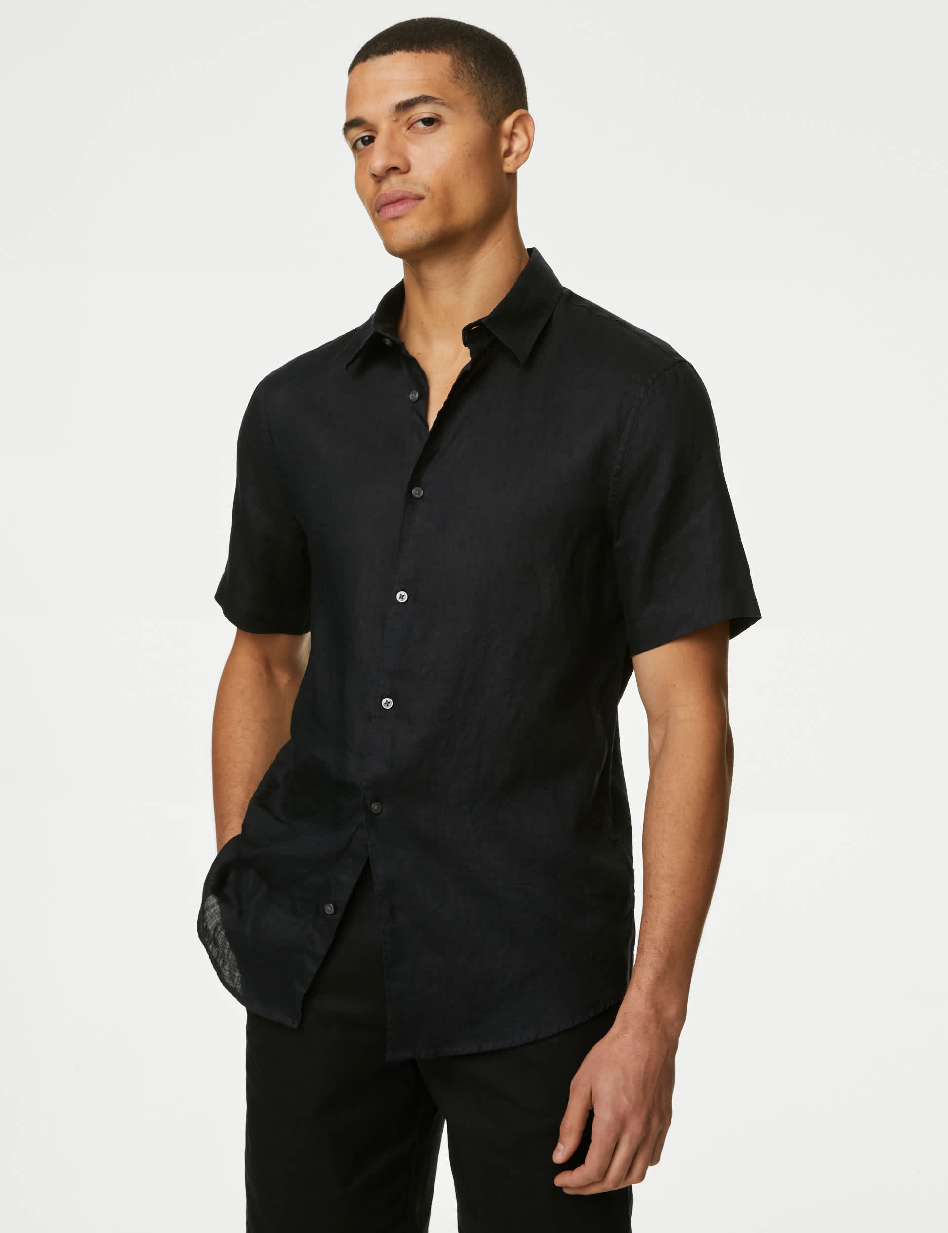 M&S Men's Easy Iron Pure Linen Shirt - MREG - Black, Black