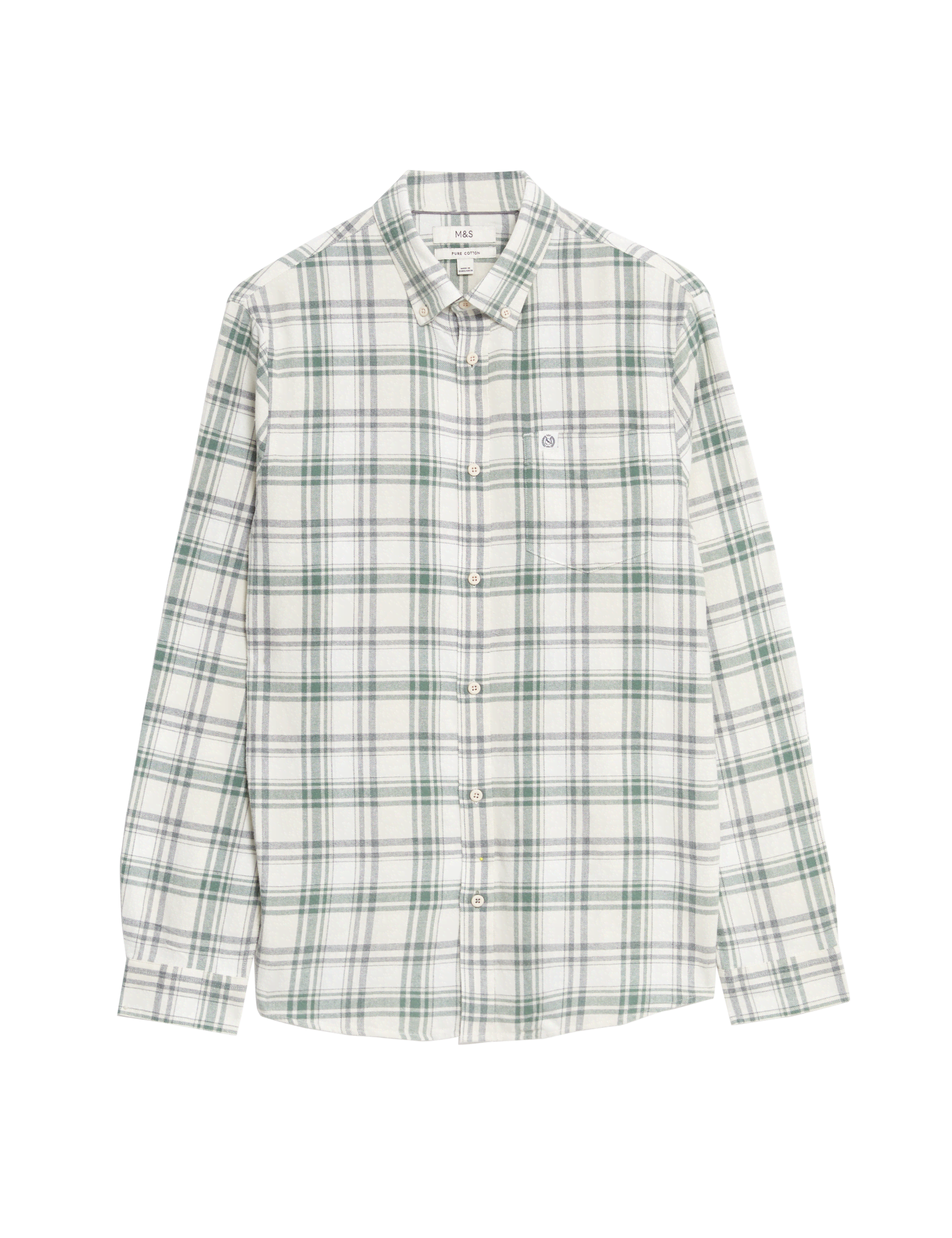 M&S Collection Men's Pure Cotton Flannel Shirt - XREG - Light Green Mix, Light Green Mix