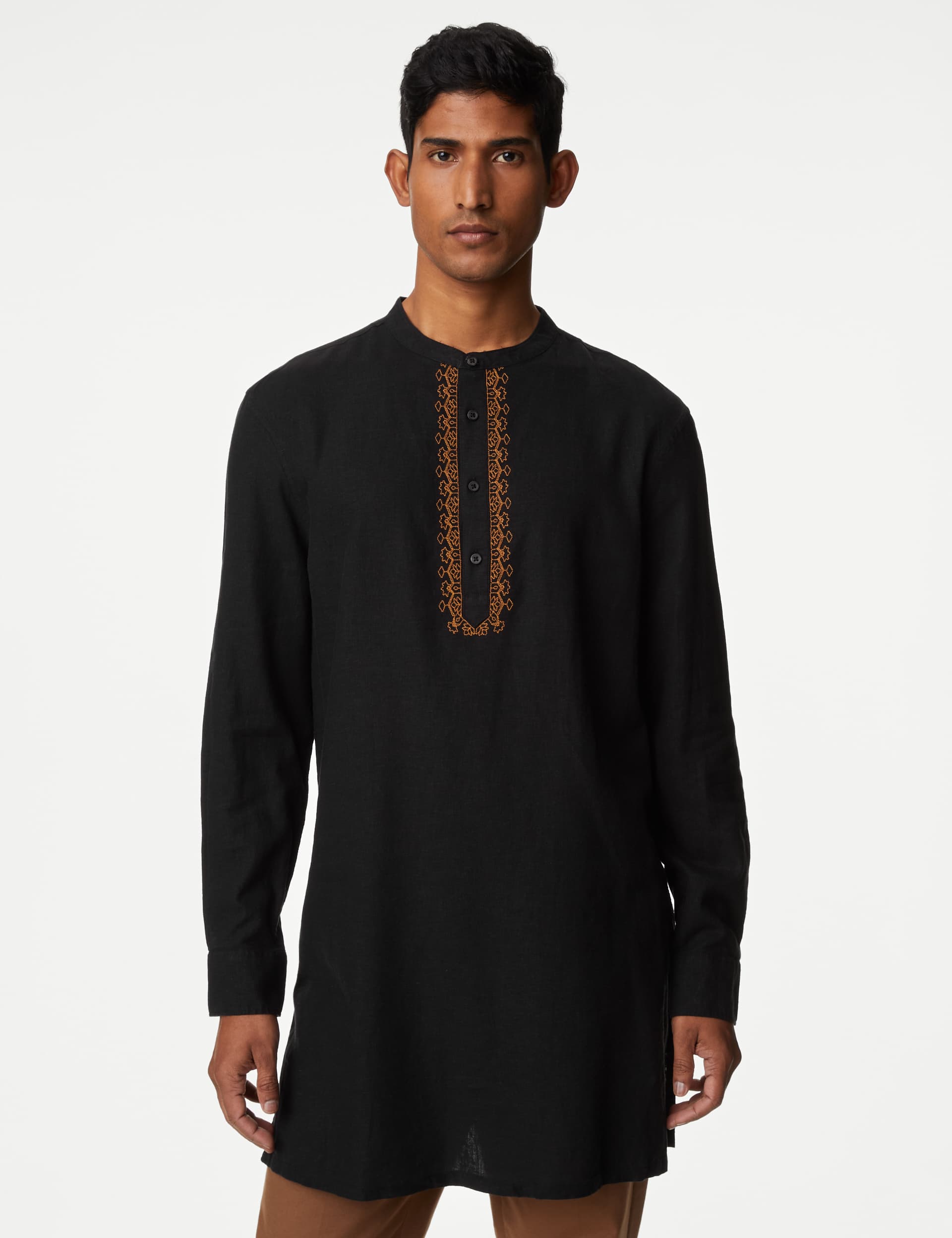 M&S Men's Linen Rich Longer Length Kurta - LREG - Black, White,Black